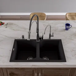 ALFI Black 32" Drop-In Double Bowl Granite Composite Kitchen Sink, AB3220DI-BLA