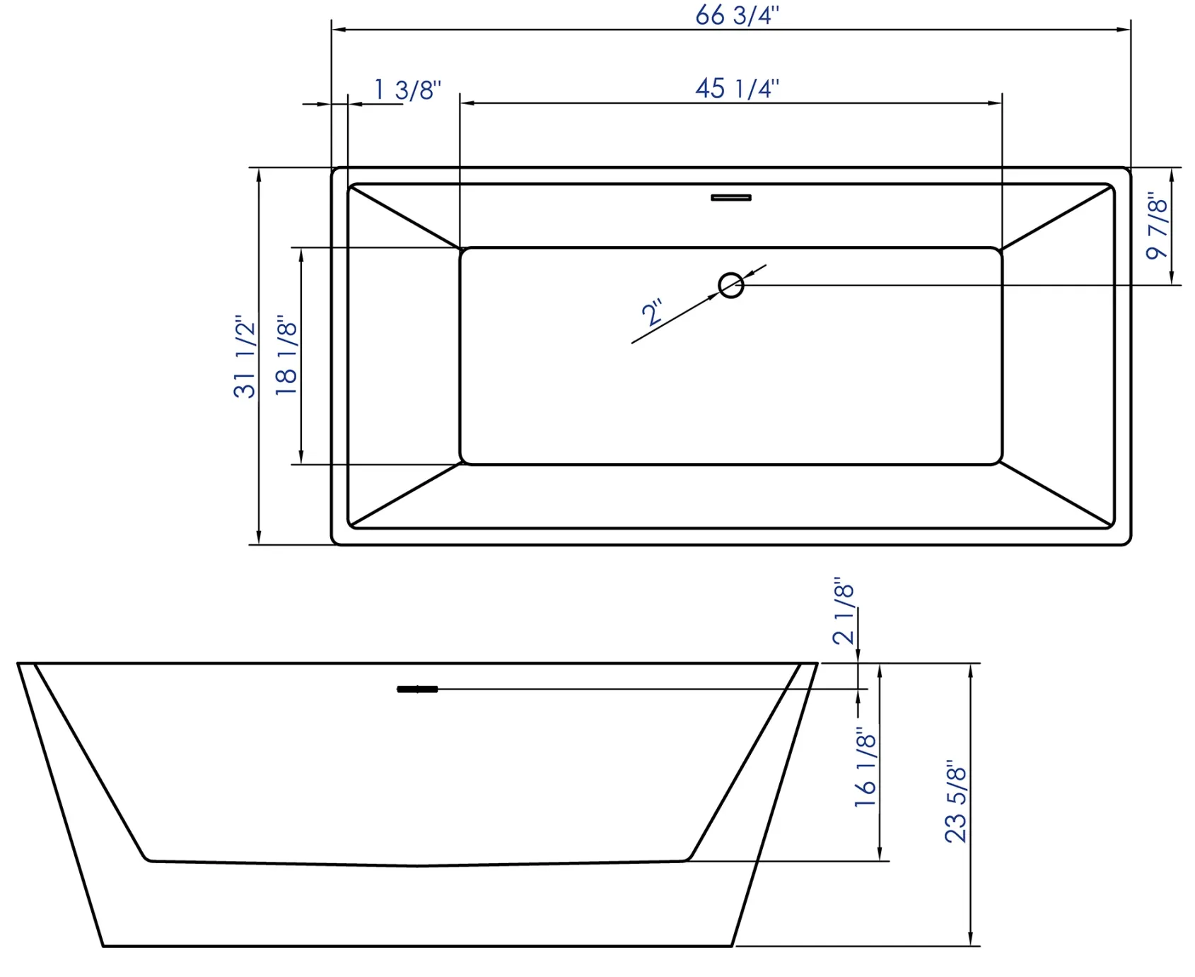 ALFI brand 67" Acrylic Free Standing Rectangle Soaking Bathtub, White, AB8832