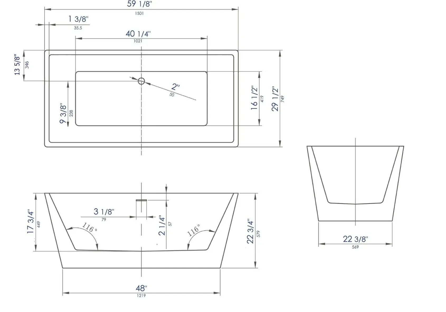 ALFI brand 59" Acrylic Free Standing Rectangle Soaking Bathtub, White, AB8833