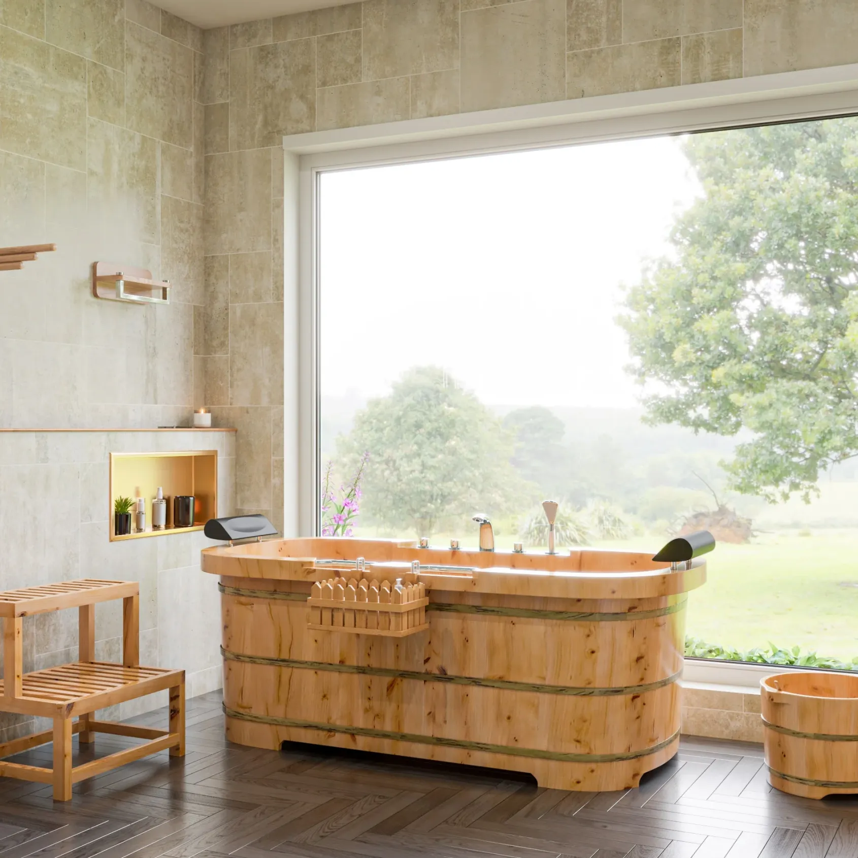 ALFI brand 65" Cedar Wood Free Standing Oval Bathtub with Fixtures & Headrests, Natural Wood, AB1130
