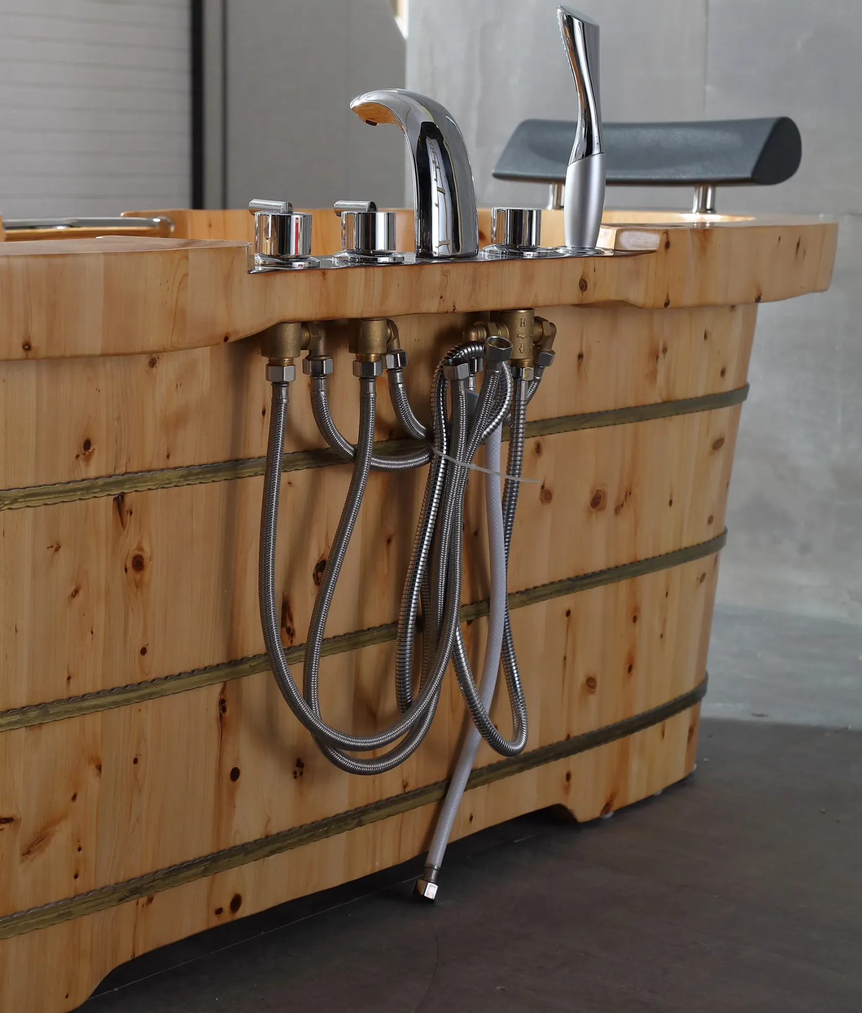 ALFI brand 65" Cedar Wood Free Standing Oval Bathtub with Fixtures & Headrests, Natural Wood, AB1130