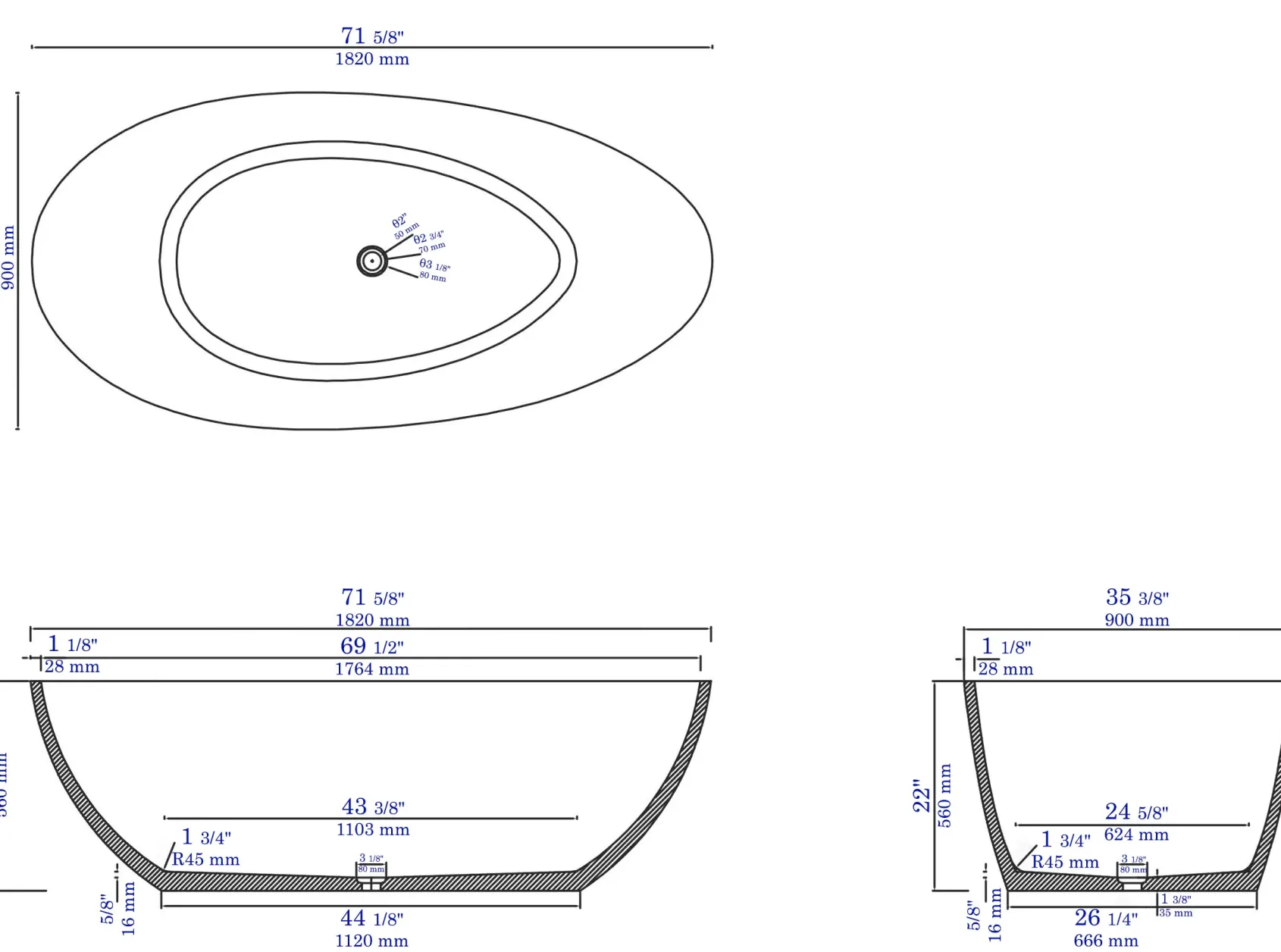 ALFI brand 72" Concrete Free Standing Oval Bathtub, Gray Matte, ABCO72TUB