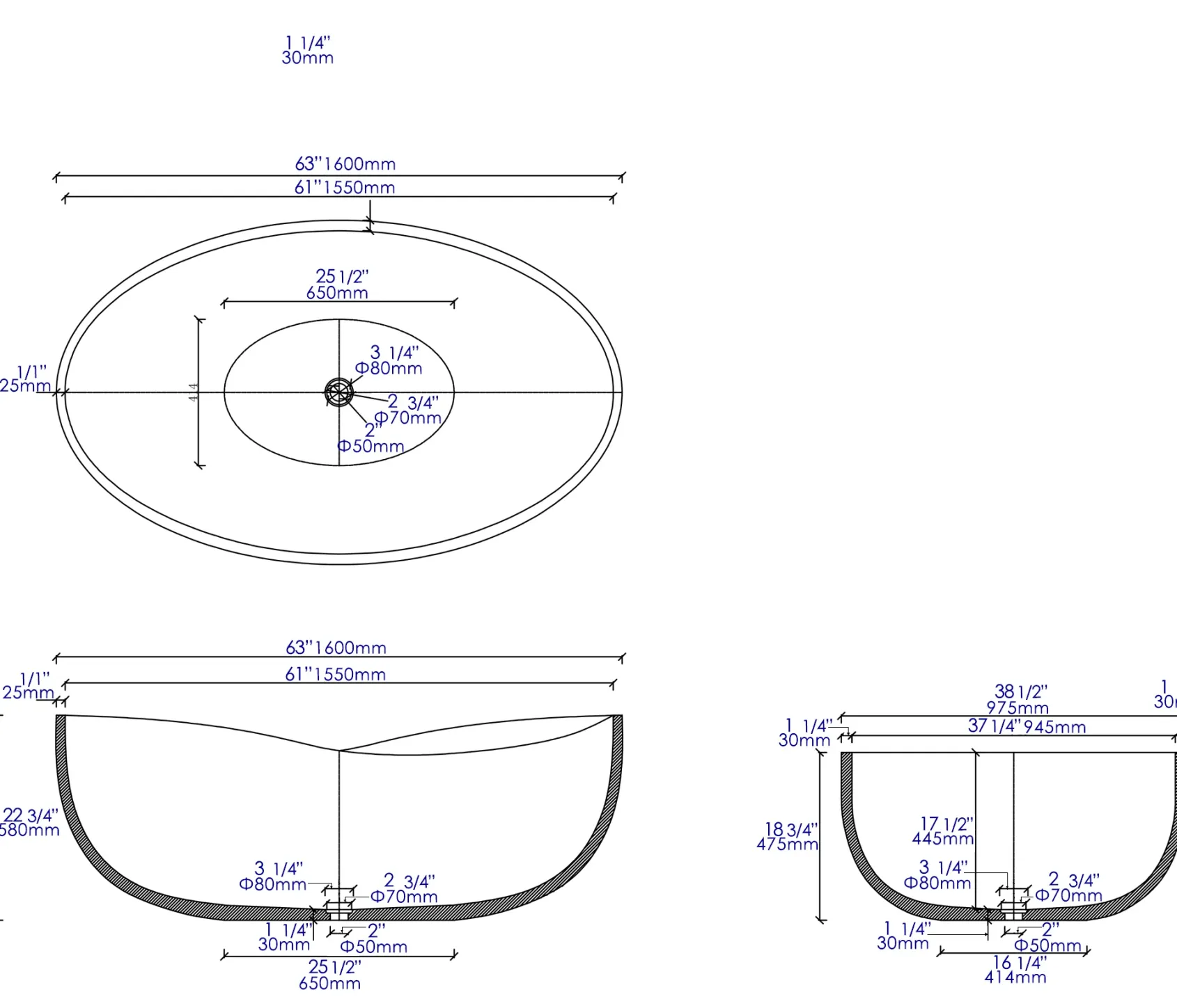 ALFI brand 63" Concrete Free Standing Oval Bathtub, Gray Matte, ABCO63TUB