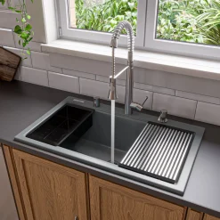 ALFI brand 34" Drop In Granite Composite Workstation Kitchen Sink with Accessories, Titanium, 1 Faucet Hole, AB3418SBDI-T