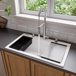 ALFI brand 34" Drop In Granite Composite Workstation Kitchen Sink with Accessories, White, 1 Faucet Hole, AB3418SBDI-W