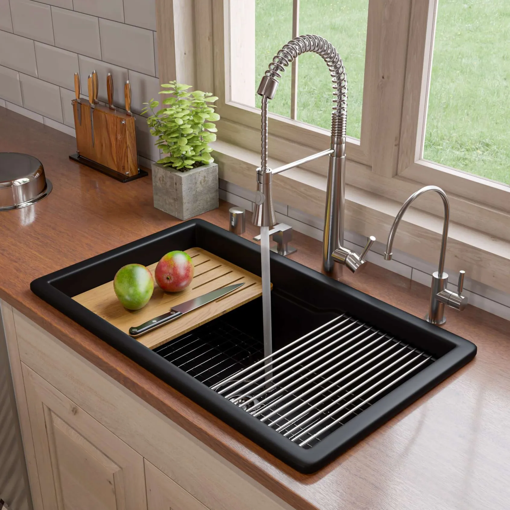 ALFI brand 32" Fireclay Workstation Dual Mount Kitchen Sink, Black Matte, Includes Drainboard, No Faucet Hole, ABFS3219SUD-BM
