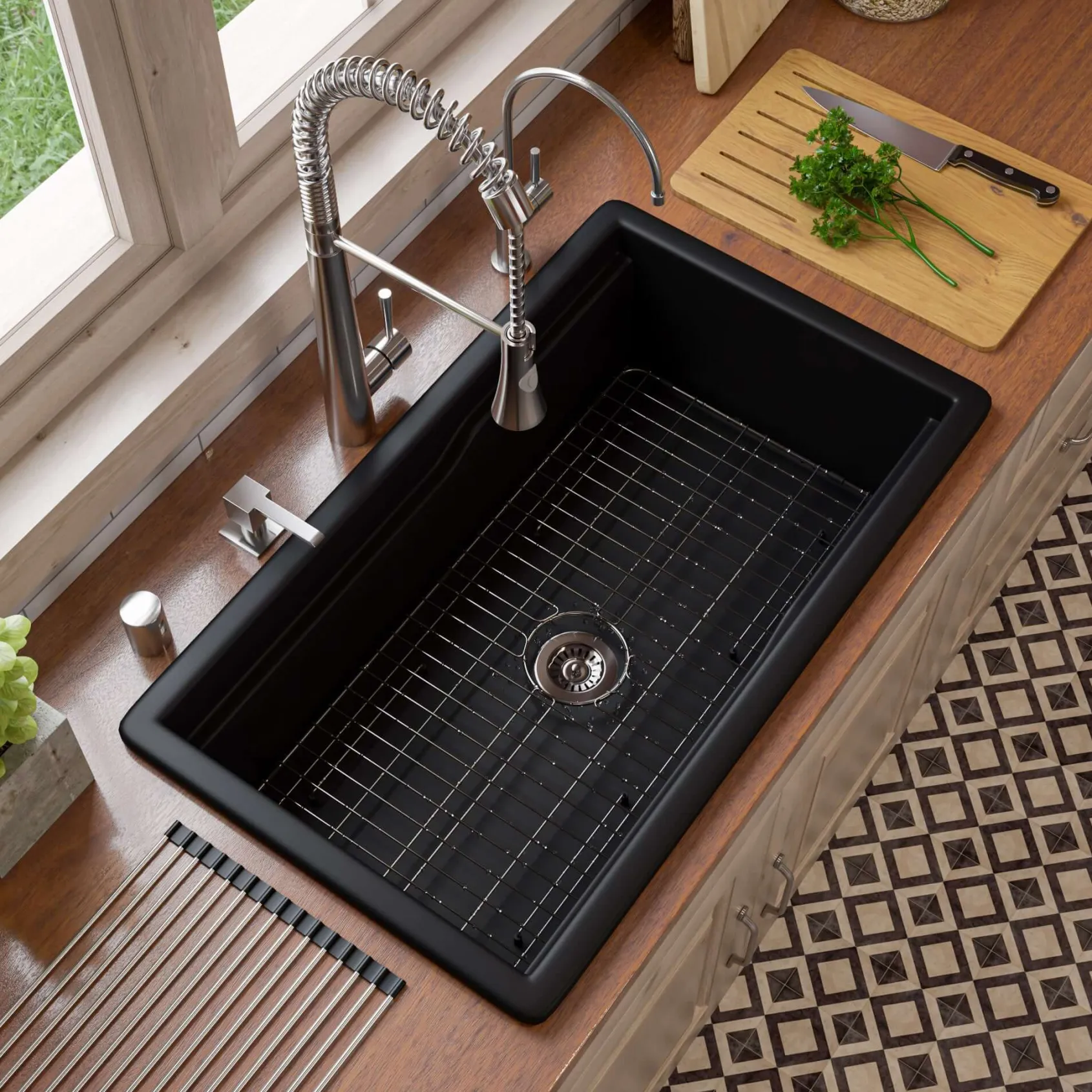 ALFI brand 32" Fireclay Workstation Dual Mount Kitchen Sink, Black Matte, Includes Drainboard, No Faucet Hole, ABFS3219SUD-BM