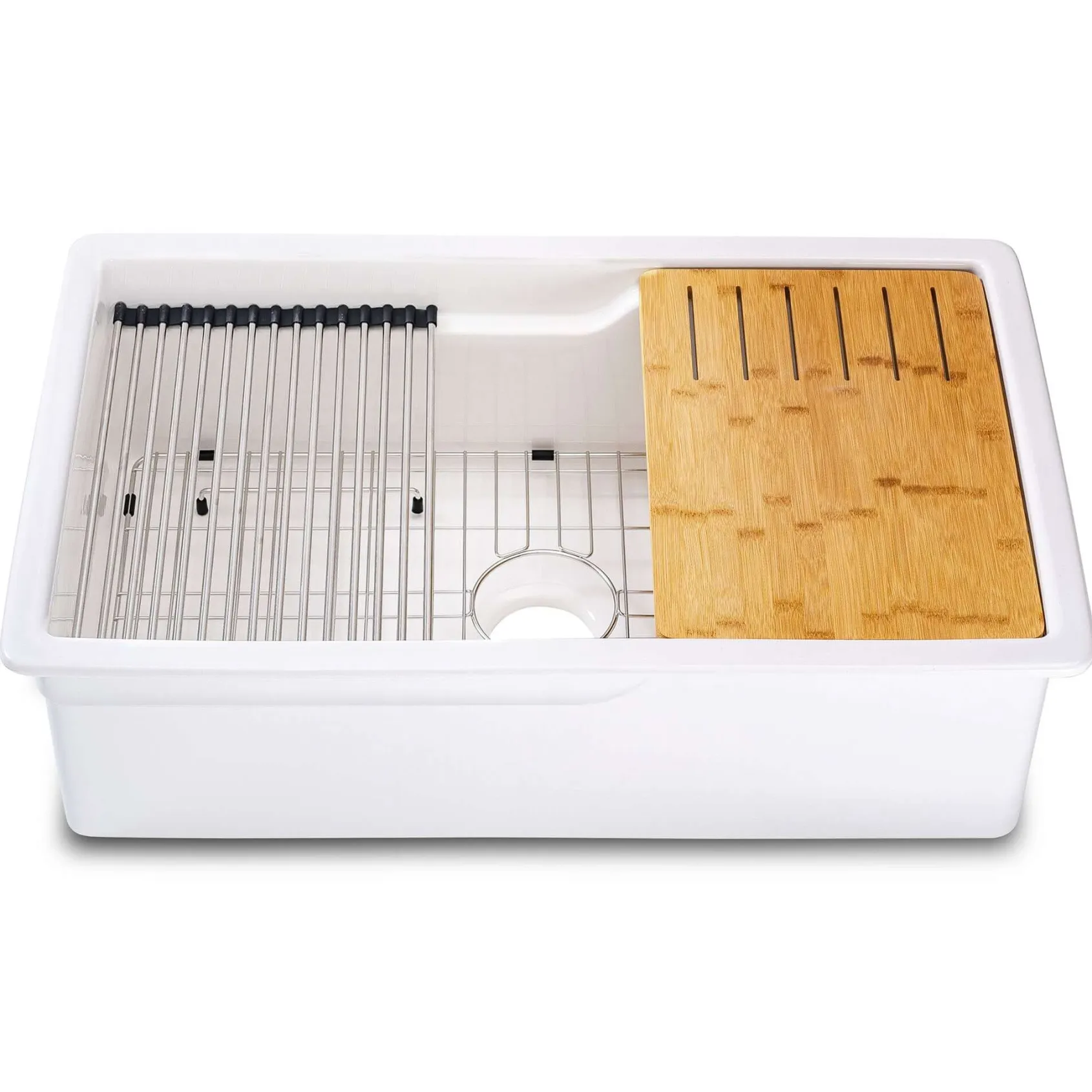 ALFI brand 32" Fireclay Workstation Dual Mount Kitchen Sink, White, Includes Drainboard, No Faucet Hole, ABFS3219SUD-W