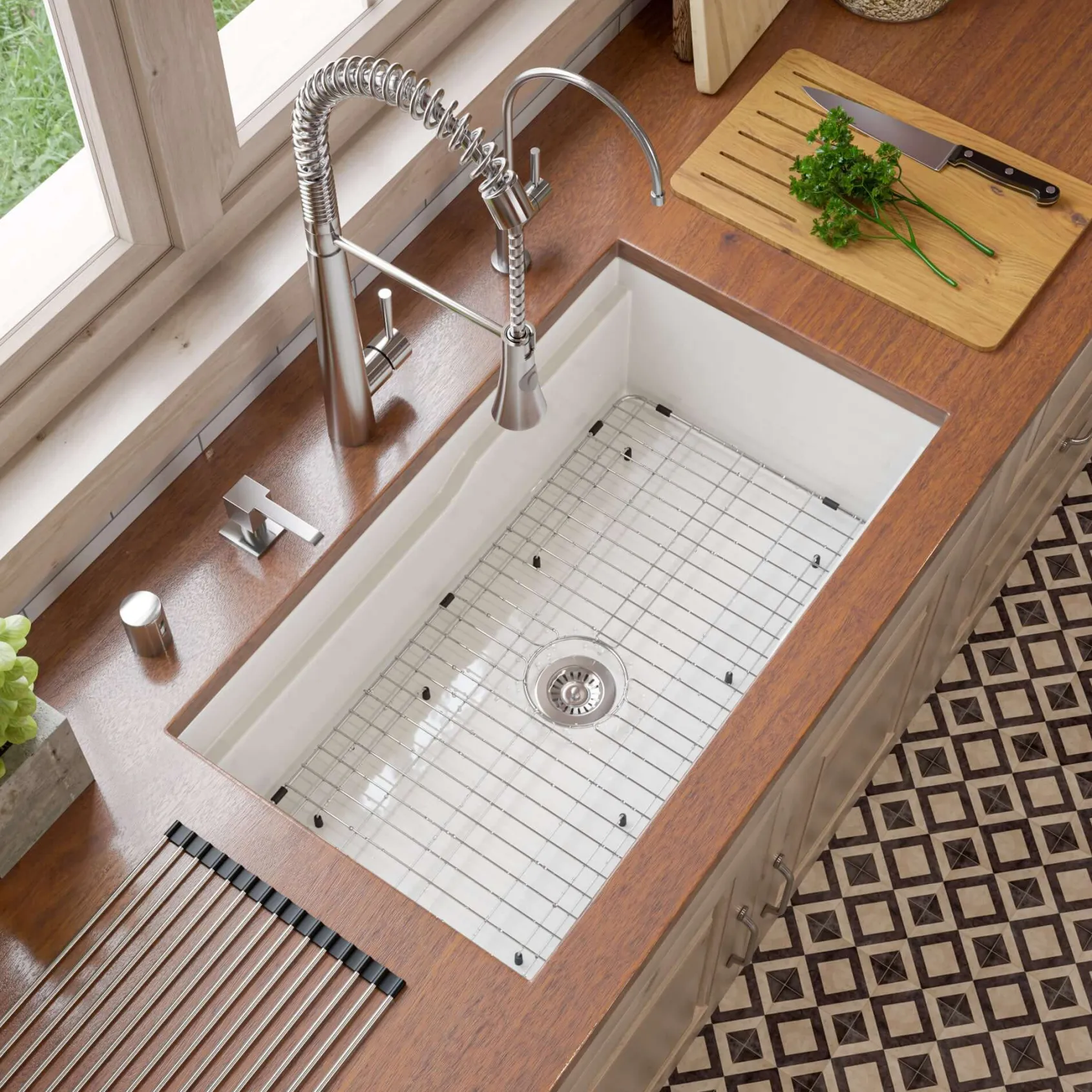 ALFI brand 32" Fireclay Workstation Dual Mount Kitchen Sink, White, Includes Drainboard, No Faucet Hole, ABFS3219SUD-W