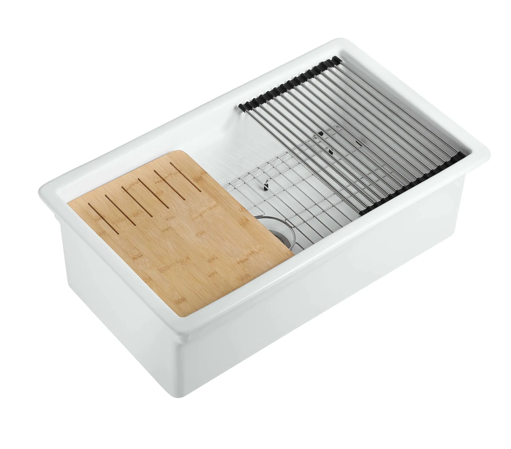 ALFI brand 32" Fireclay Workstation Dual Mount Kitchen Sink, White, Includes Drainboard, No Faucet Hole, ABFS3219SUD-W