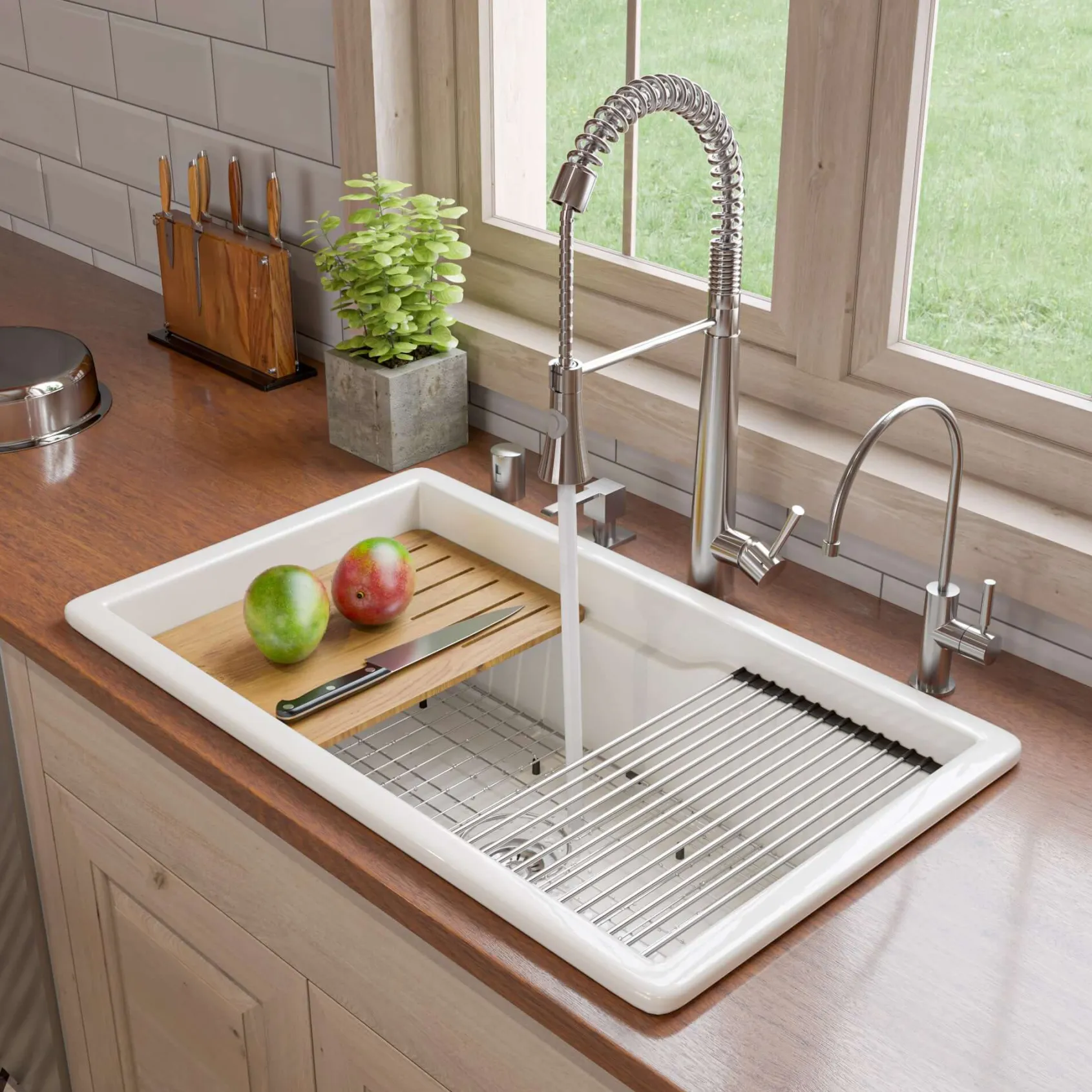 ALFI brand 32" Fireclay Workstation Dual Mount Kitchen Sink, White, Includes Drainboard, No Faucet Hole, ABFS3219SUD-W