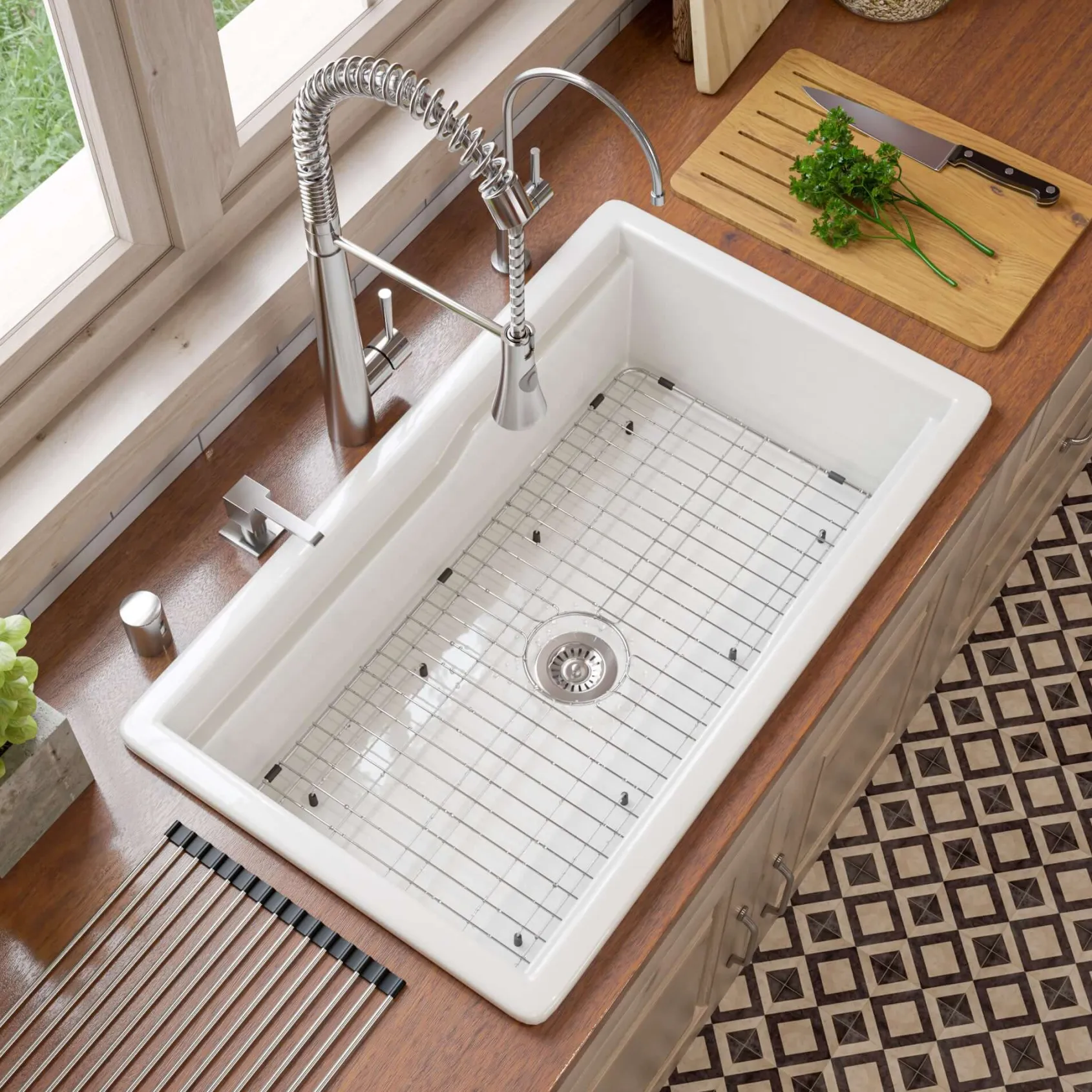ALFI brand 32" Fireclay Workstation Dual Mount Kitchen Sink, White, Includes Drainboard, No Faucet Hole, ABFS3219SUD-W