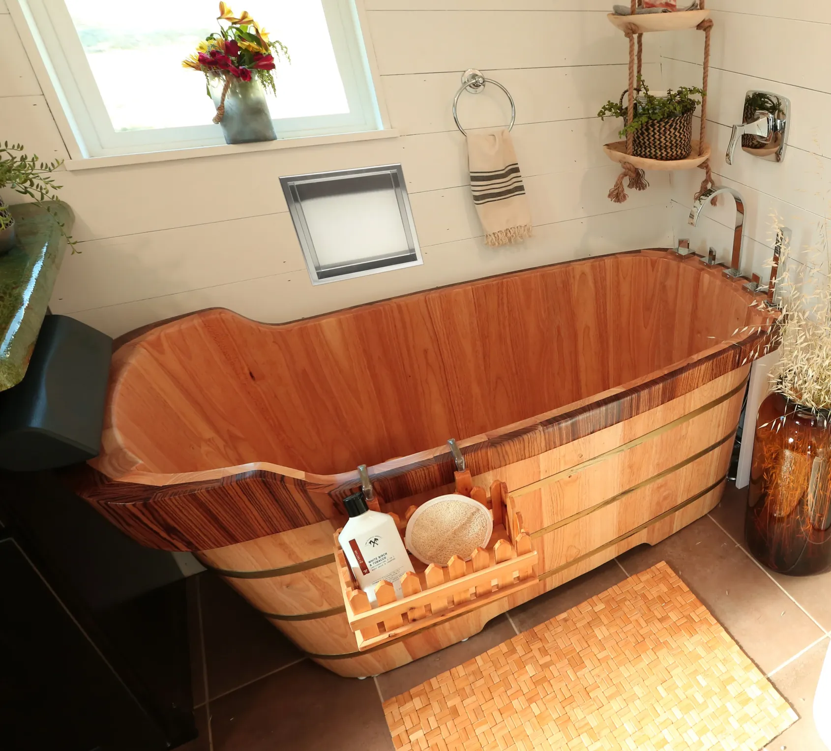 ALFI brand 59" Rubber Wood Free Standing Rectangle Bathtub with Chrome Tub Filler, Natural Wood, AB1148