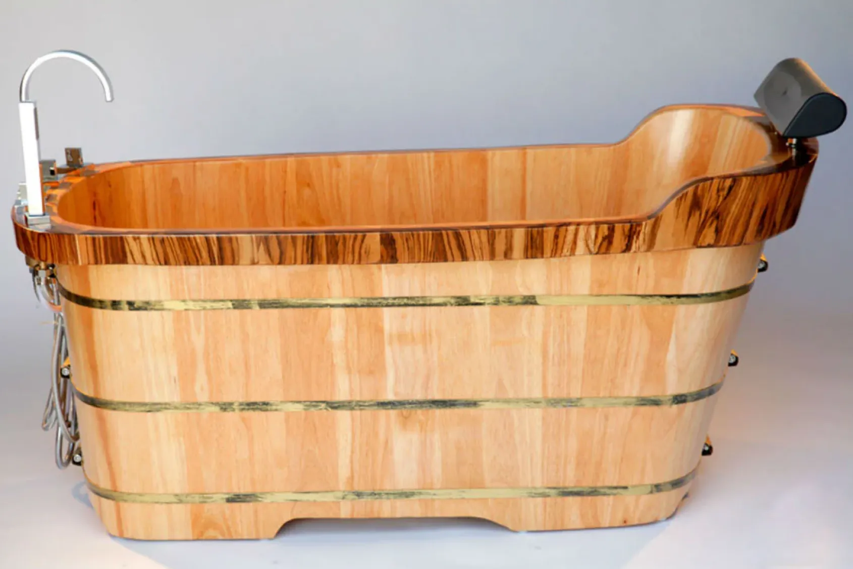 ALFI brand 59" Rubber Wood Free Standing Rectangle Bathtub with Chrome Tub Filler, Natural Wood, AB1148