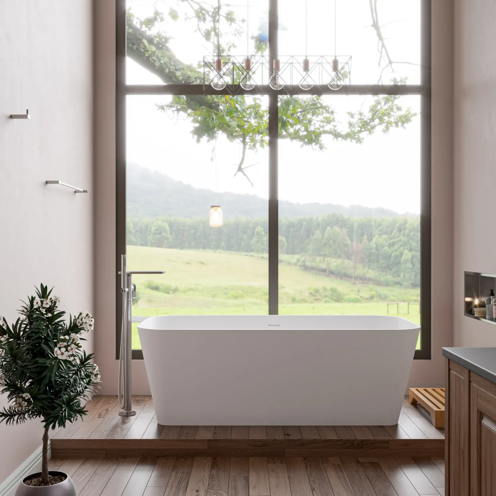 ALFI brand 68" Solid Surface Smooth Resin Free Standing Rectangle Soaking Bathtub, White Matte, AB9952