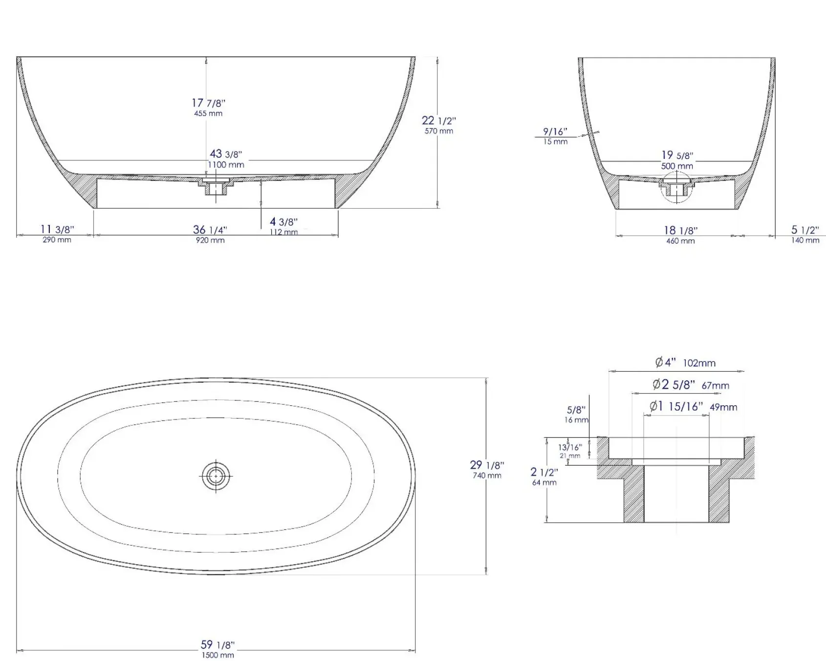 ALFI brand 59" Solid Surface Resin Free Standing Oval Soaking Bathtub, White, AB9975