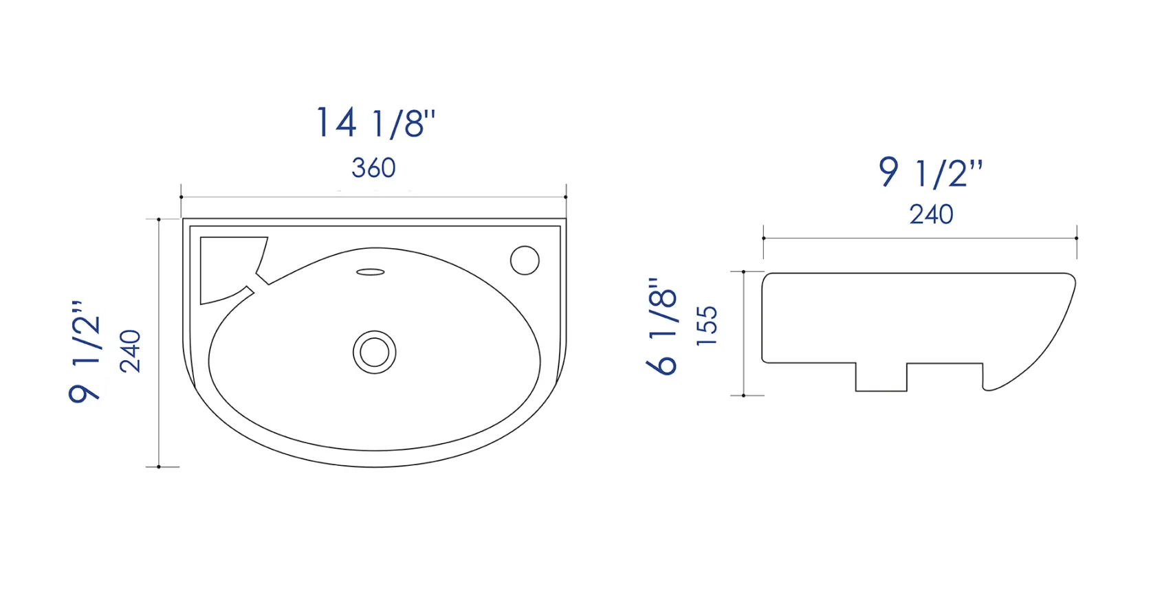 ALFI brand 14.13" x 9.5" Oval Wall Mount Porcelain Bathroom Sink, White, 1 Faucet Hole, ABC118