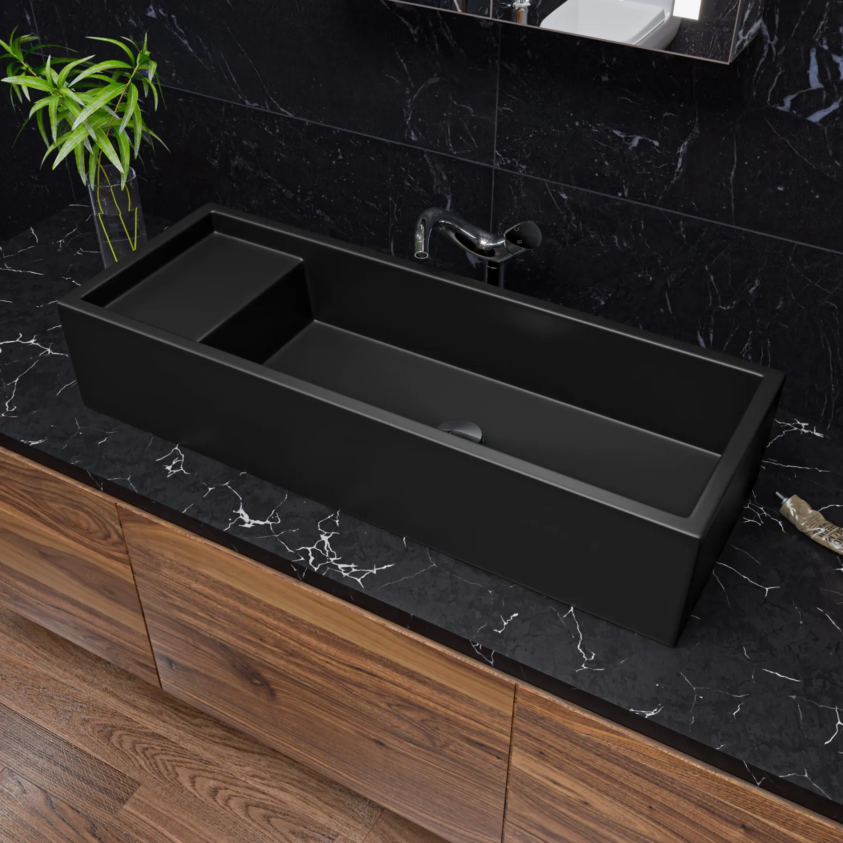 ALFI brand 39.4" x 14.6" Rectangle Above Mount or Semi Recessed Fireclay Bathroom Sink, Black Matte, No Faucet Hole, AB39TRBM