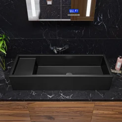 ALFI brand 39.4" x 14.6" Rectangle Above Mount or Semi Recessed Fireclay Bathroom Sink, Black Matte, No Faucet Hole, AB39TRBM