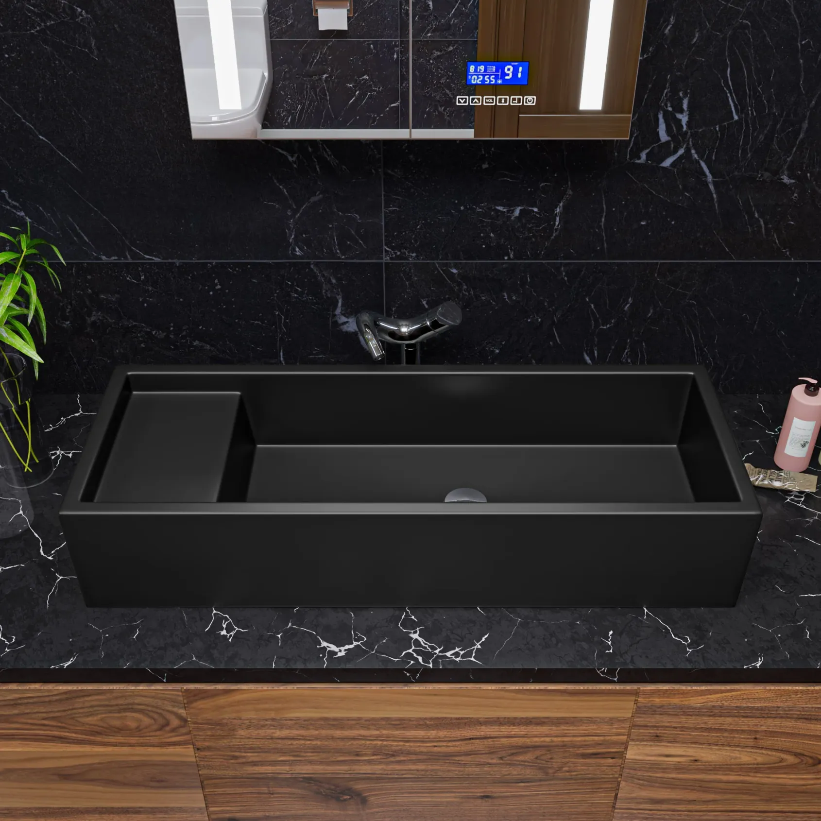 ALFI brand 39.4" x 14.6" Rectangle Above Mount or Semi Recessed Fireclay Bathroom Sink, Black Matte, No Faucet Hole, AB39TRBM