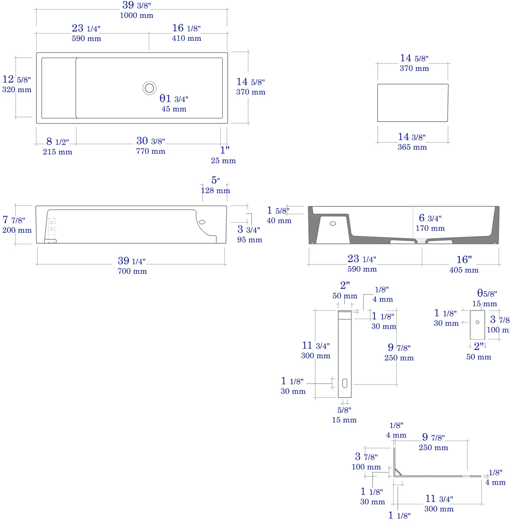 ALFI brand 39.4" x 14.6" Rectangle Above Mount or Semi Recessed Fireclay Bathroom Sink, Black Matte, No Faucet Hole, AB39TRBM
