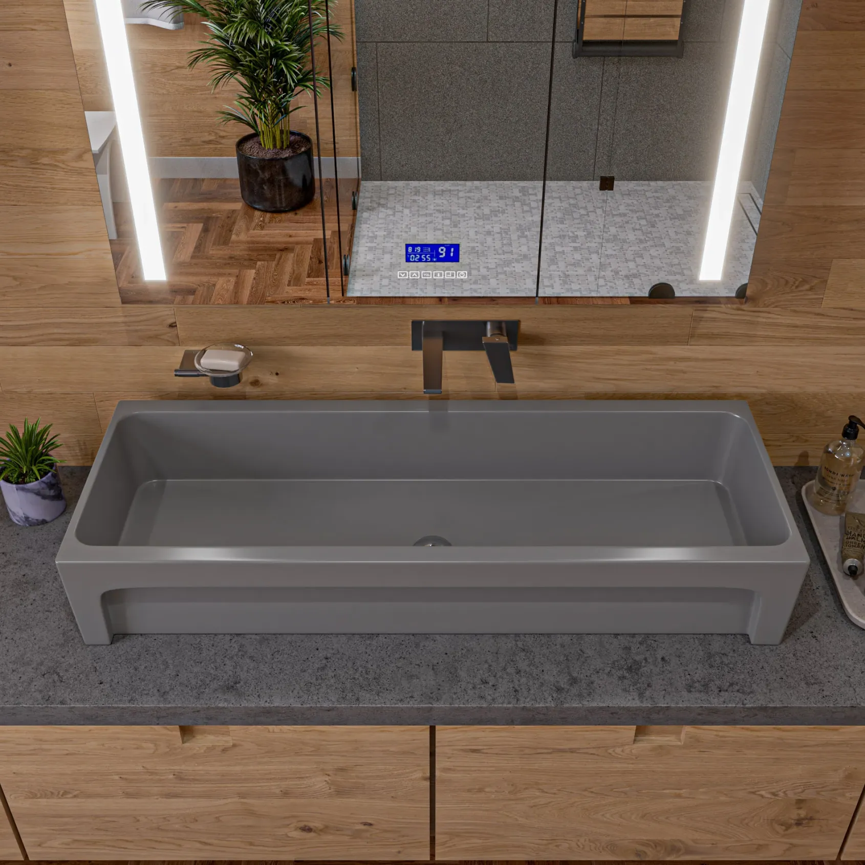 ALFI brand 47.4" x 17.75" Rectangle Above Mount or Semi Recessed Fireclay Bathroom Sink, Gray Matte, No Faucet Hole, AB48TRGM