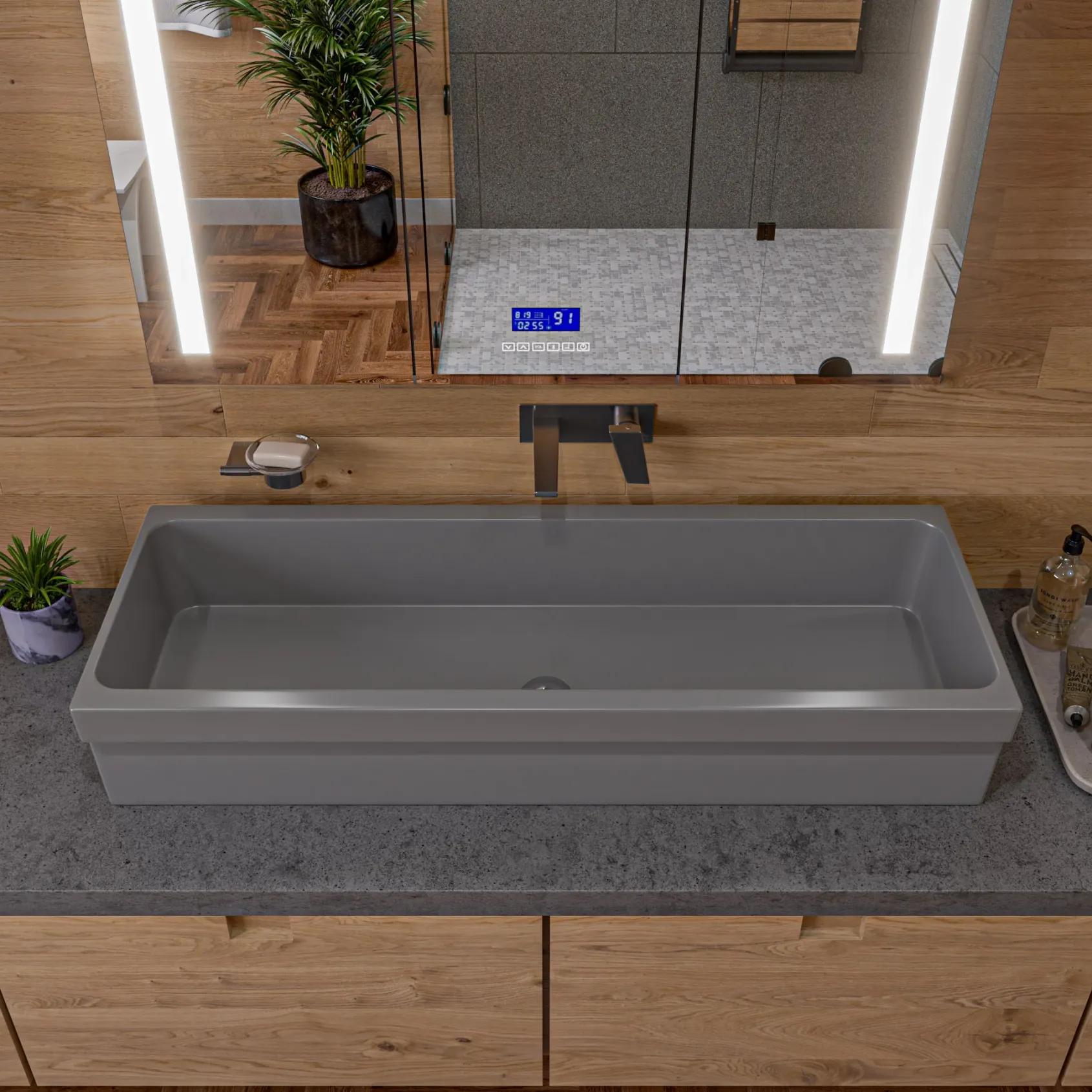 ALFI brand 47.4" x 17.75" Rectangle Above Mount or Semi Recessed Fireclay Bathroom Sink, Gray Matte, No Faucet Hole, AB48TRGM