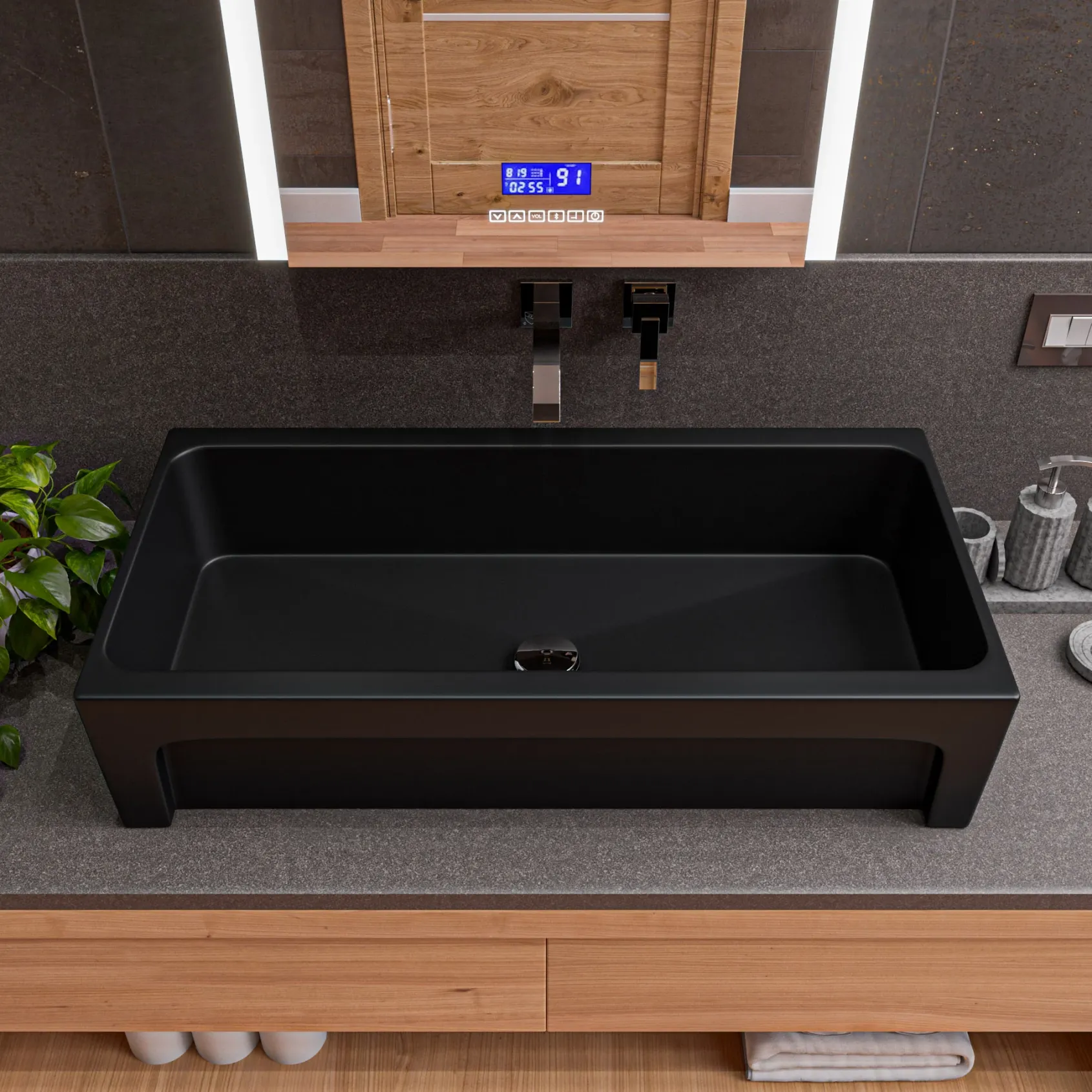 ALFI brand 35.5" x 17.75" Rectangle Above Mount or Semi Recessed Fireclay Bathroom Sink, Black Matte, No Faucet Hole, AB36TRBM