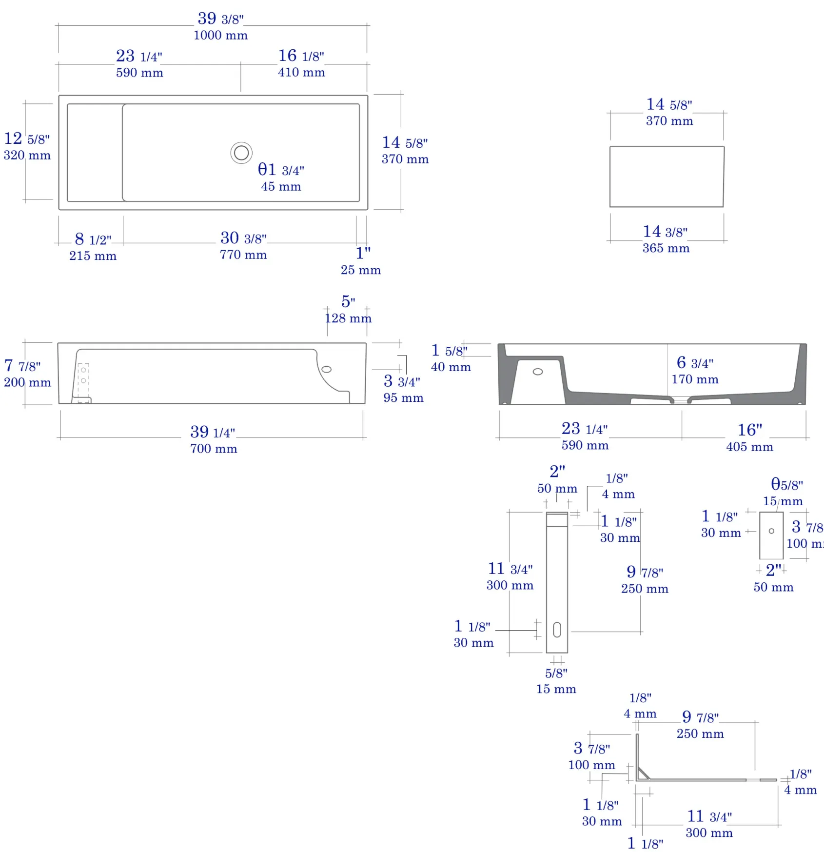 ALFI brand 39.4" x 14.6" Rectangle Above Mount or Semi Recessed Fireclay Bathroom Sink, White, No Faucet Hole, AB39TR