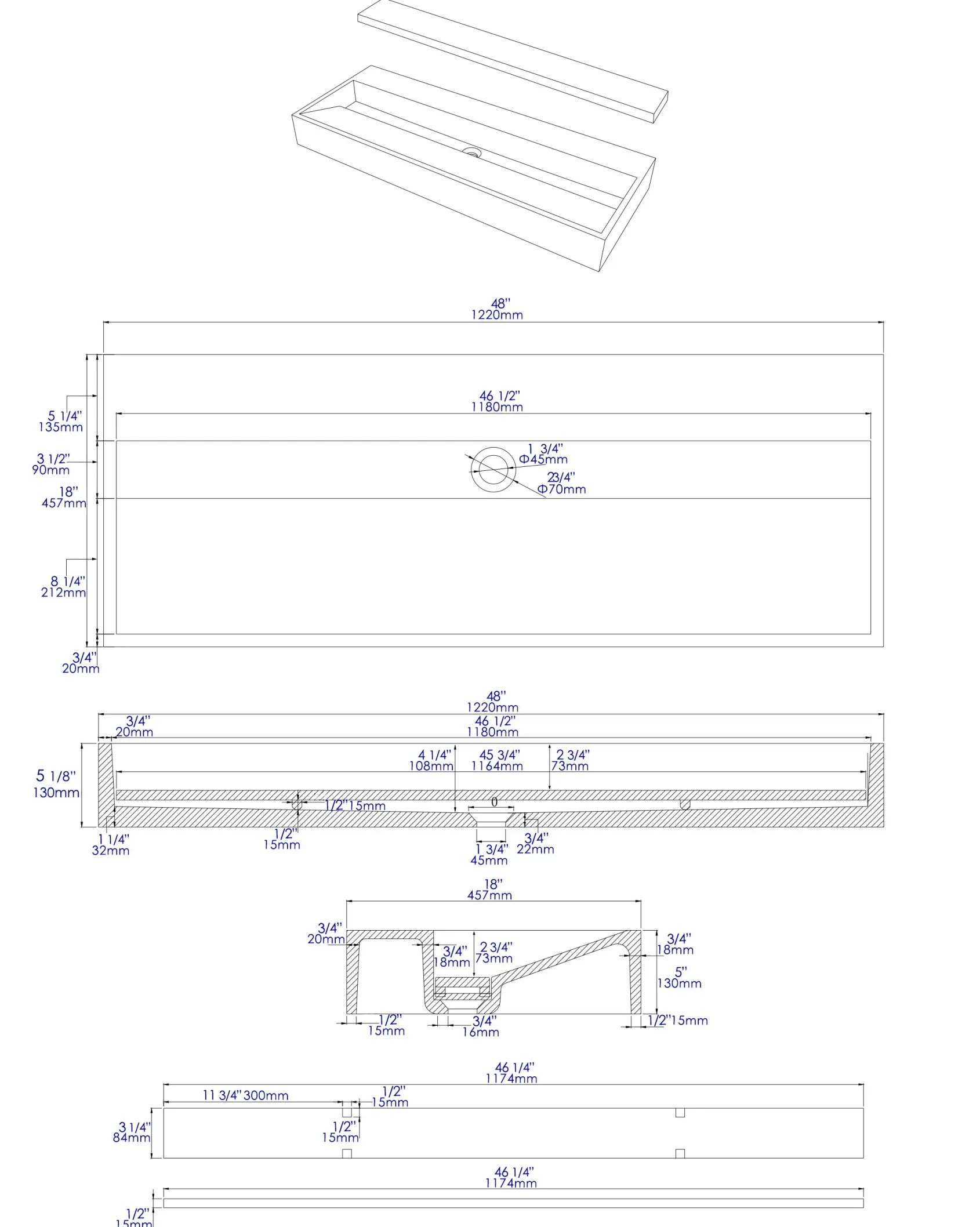 ALFI brand 48" x 18" Rectangle Above Mount or Semi Recessed Concrete Bathroom Sink, Gray Matte, No Faucet Hole, ABCO48TR