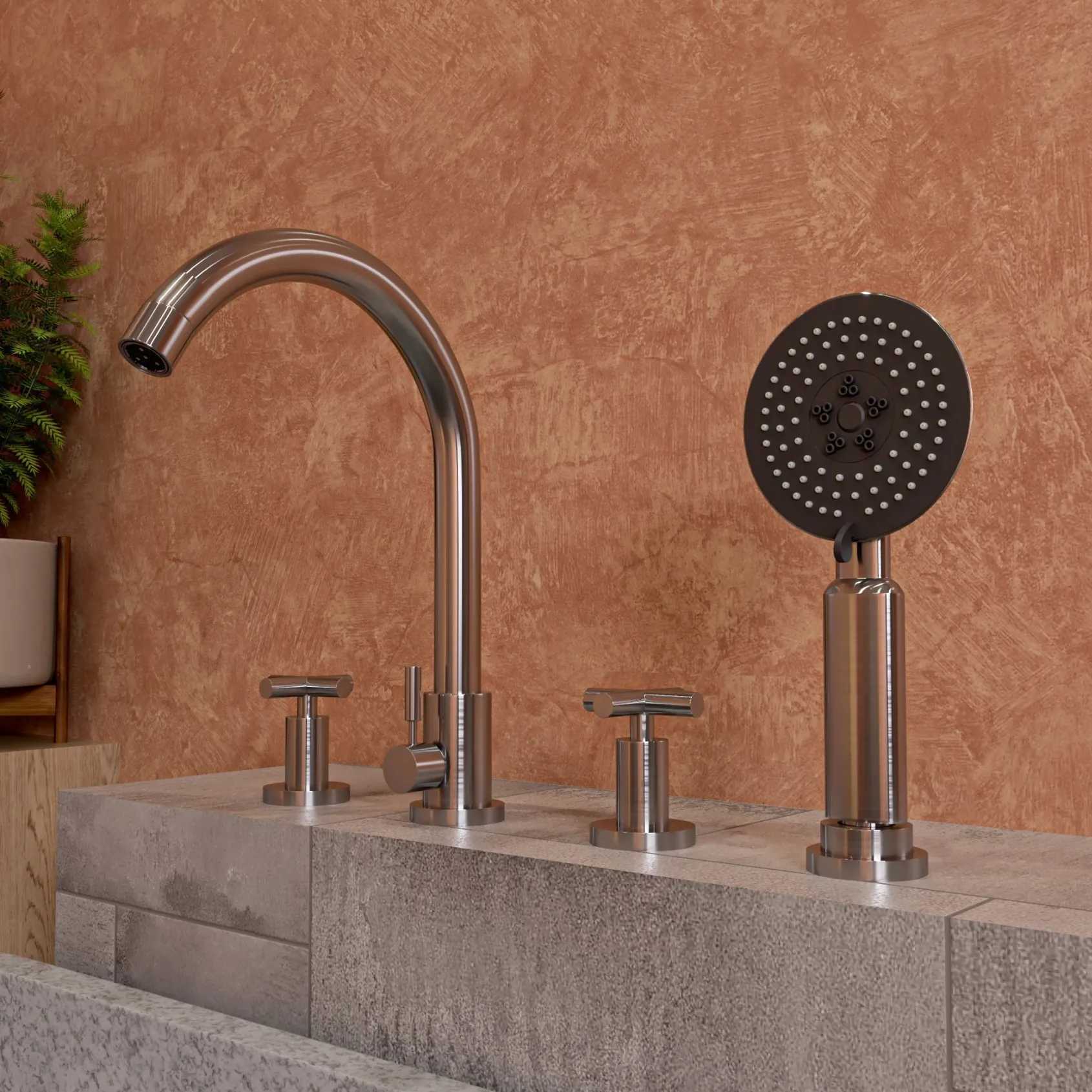 ALFI brand AB2503-BN Brushed Nickel Deck Mounted Tub Filler with Hand Held Showerhead