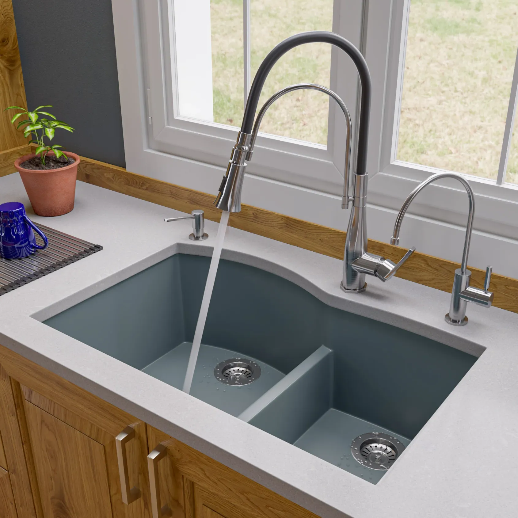 ALFI brand AB3320UM-T Titanium 33" Double Bowl Undermount Granite Composite Kitchen Sink