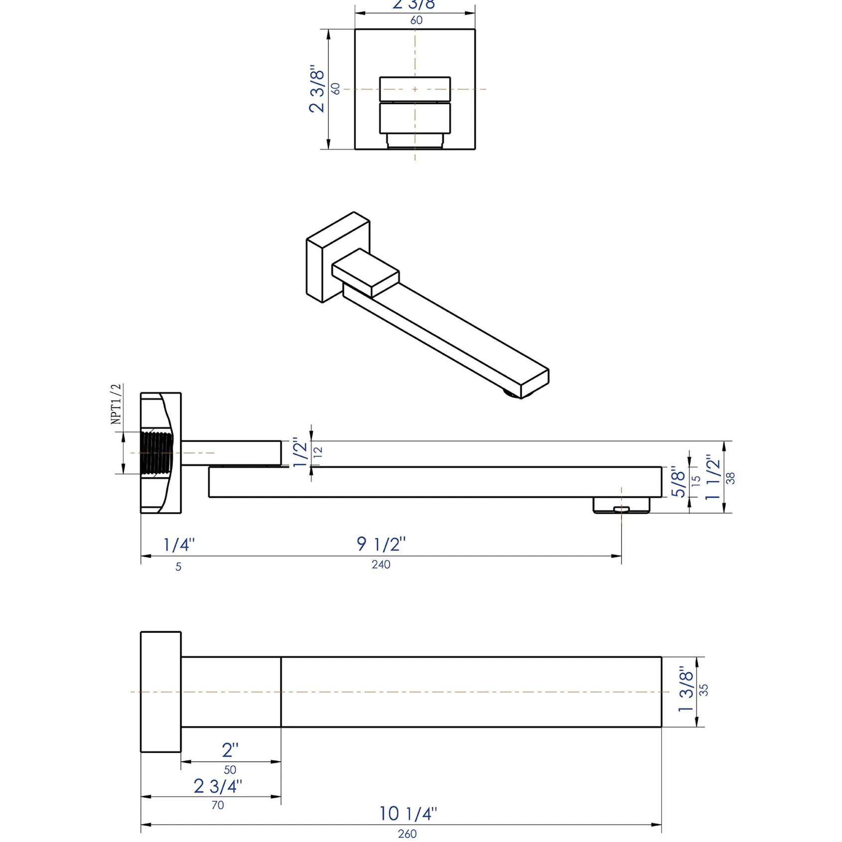 ALFI brand Brass, AB7701-BM Black Matte Square Foldable Tub Spout