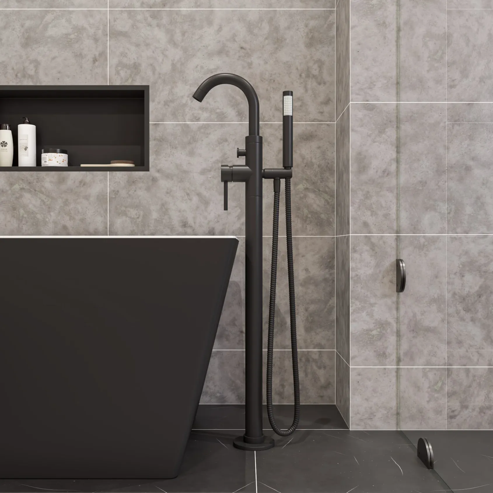 ALFI brand Brass, AB2534-BM Black Matte Single Lever Floor Mounted Tub Filler Mixer w Hand Held Shower Head