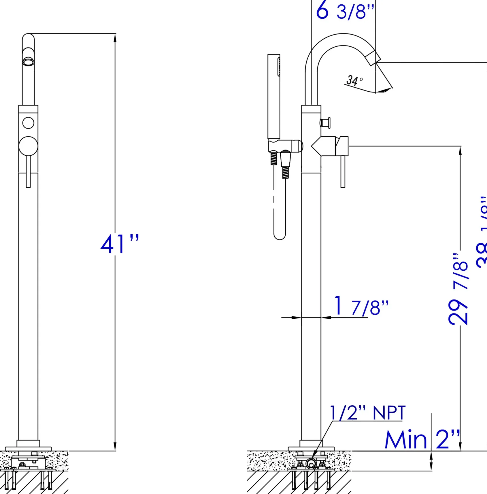 ALFI brand Brass, AB2534-BM Black Matte Single Lever Floor Mounted Tub Filler Mixer w Hand Held Shower Head