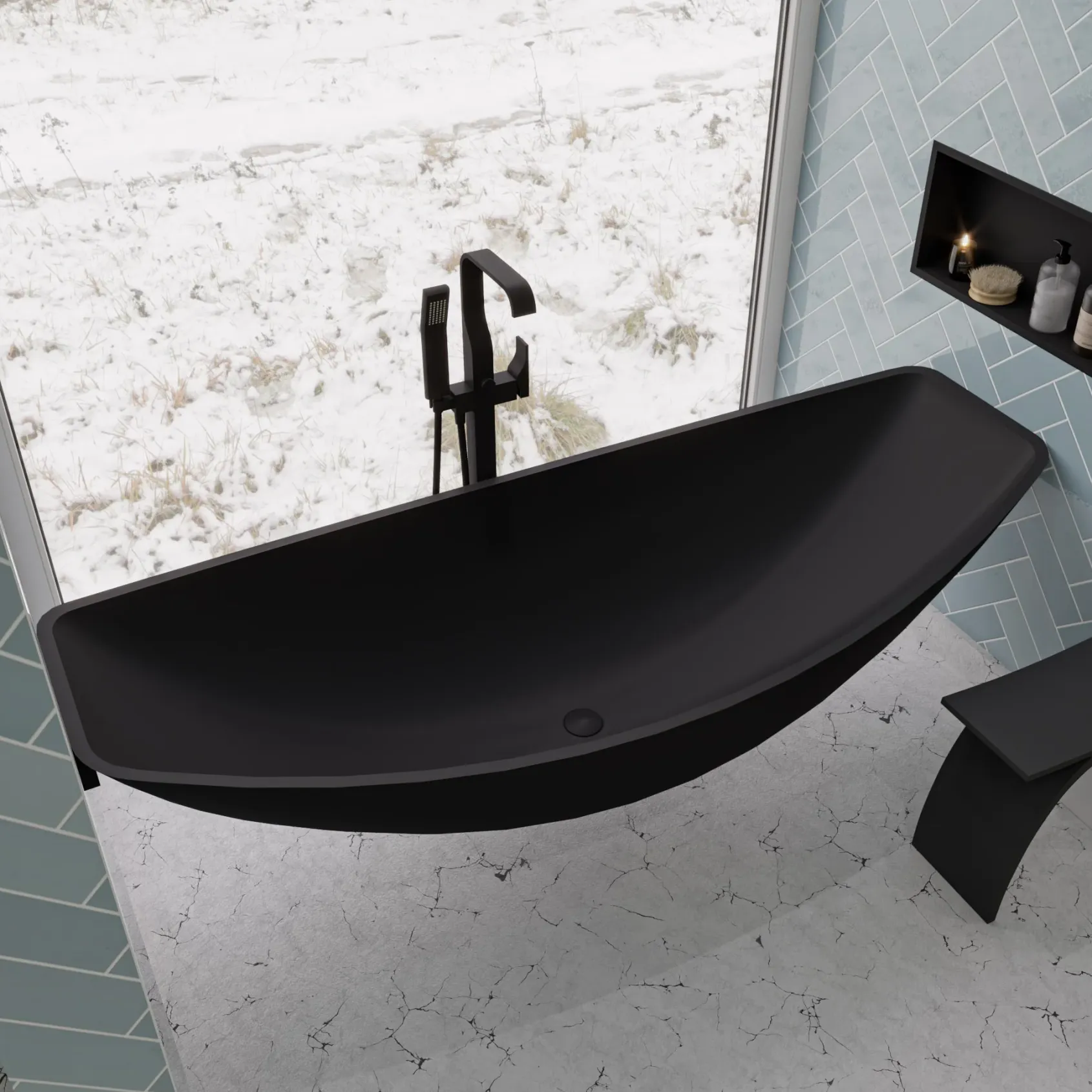 ALFI brand Brass, AB2180-BM Black Matte Single Lever Floor Mounted Tub Filler Mixer w Hand Held Shower Head
