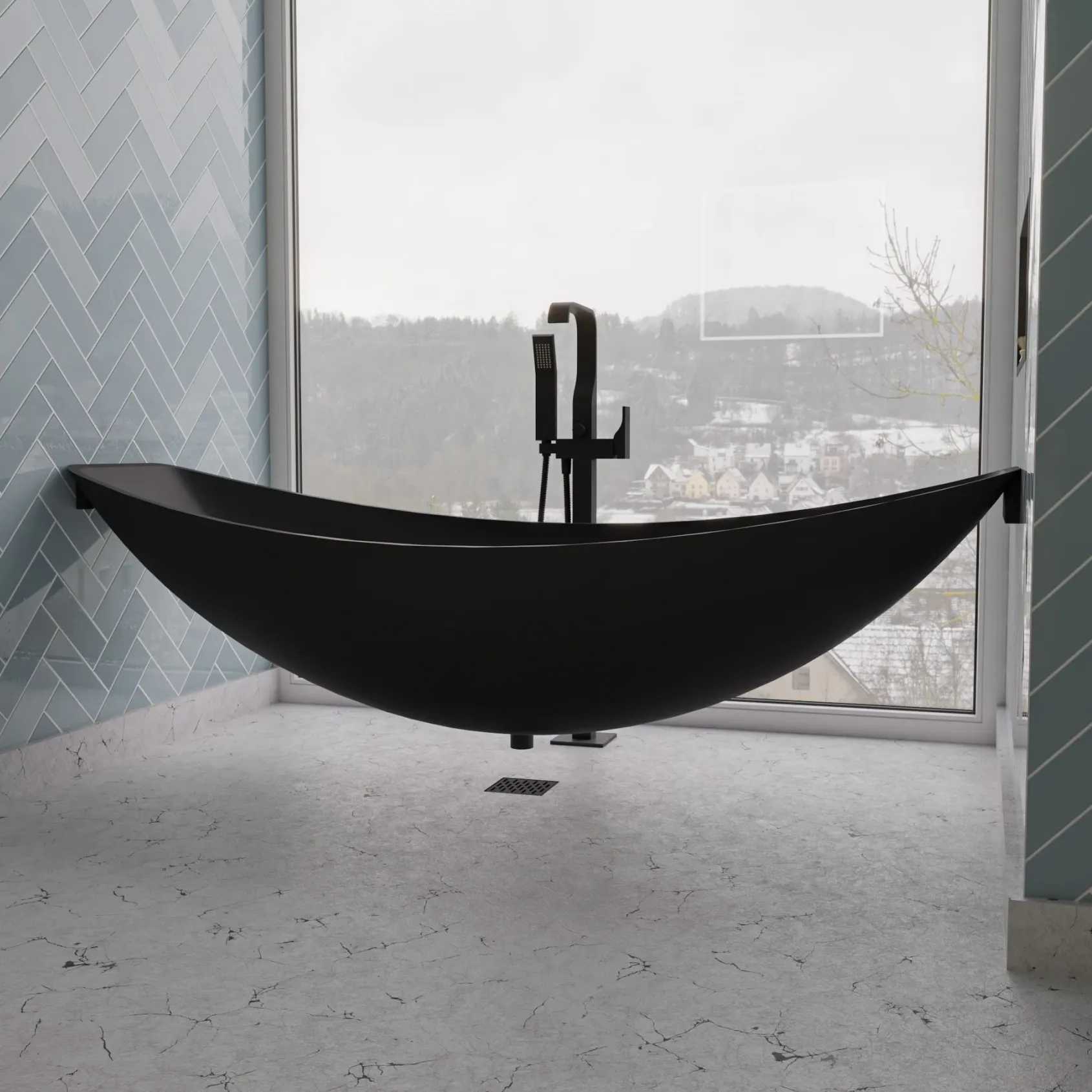 ALFI brand Brass, AB2180-BM Black Matte Single Lever Floor Mounted Tub Filler Mixer w Hand Held Shower Head