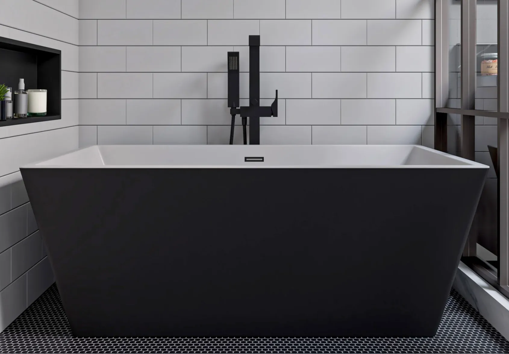 ALFI brand Brass, AB2180-BM Black Matte Single Lever Floor Mounted Tub Filler Mixer w Hand Held Shower Head