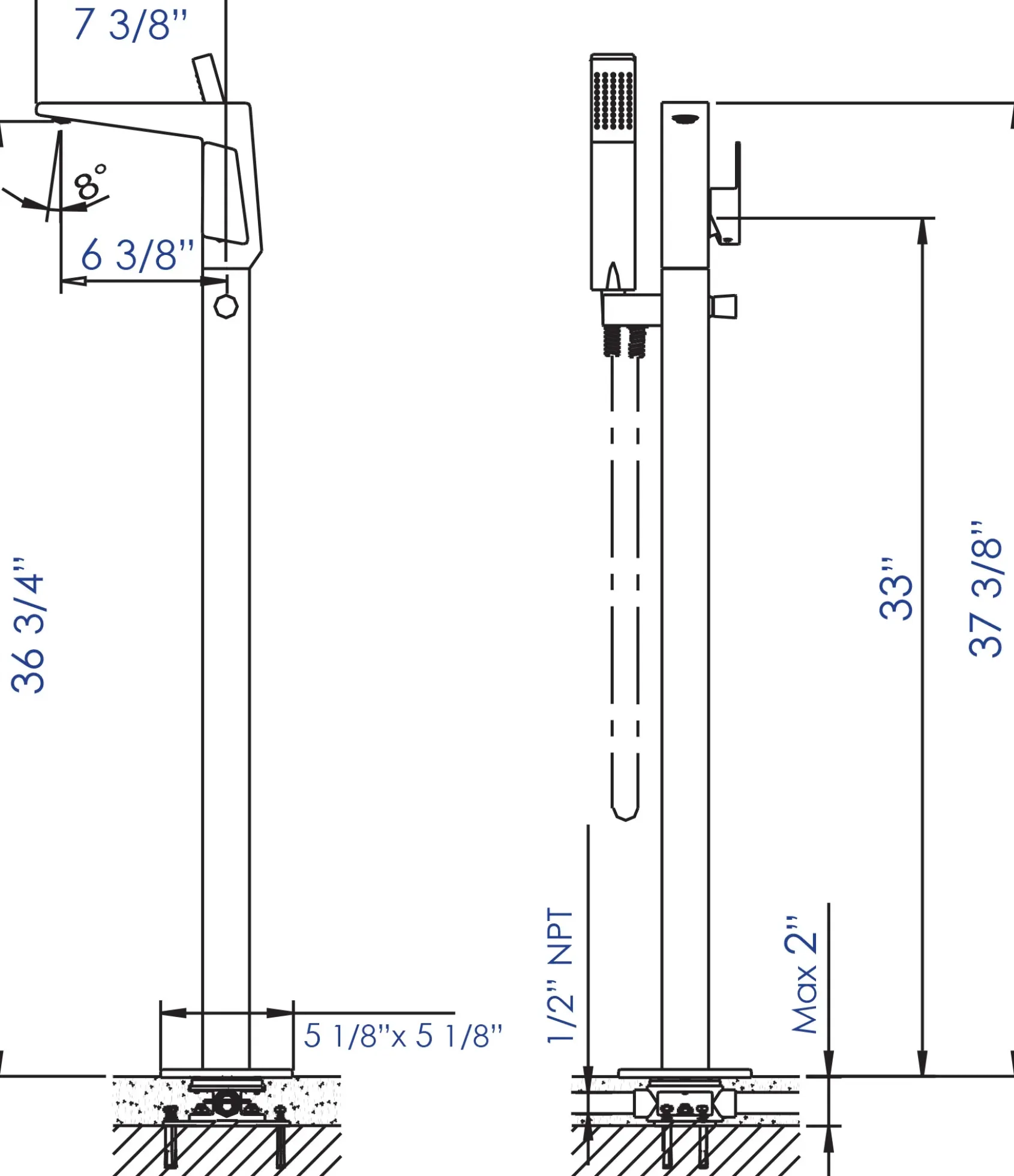 ALFI brand Brass, AB2475-BN Brushed Nickel Single Hole Floor Mounted Tub Filler