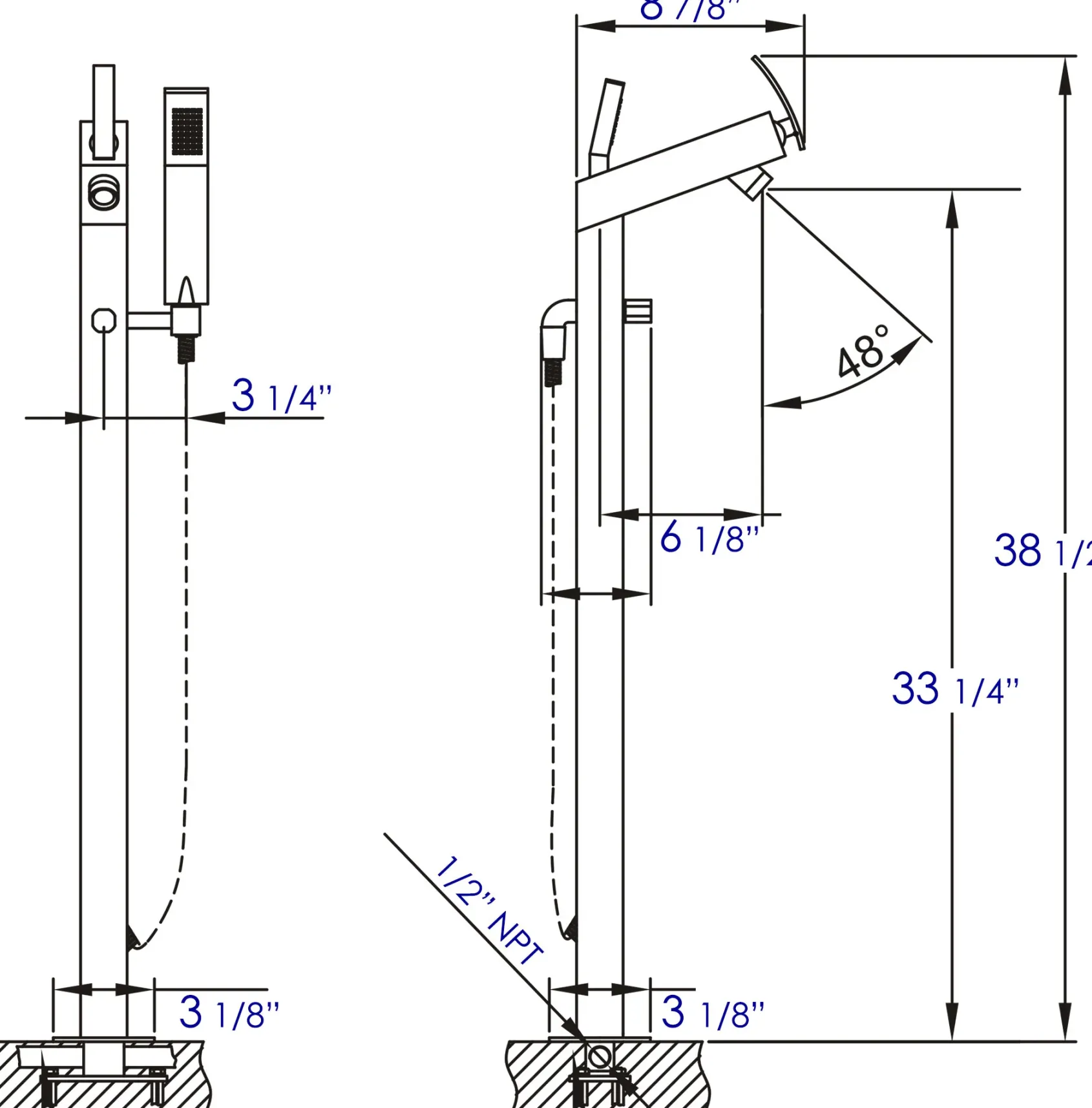ALFI brand Brass, AB2728-BN Brushed Nickel Floor Mounted Tub Filler + Mixer /w additional Hand Held Shower Head