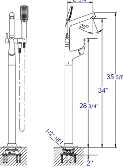 ALFI brand Brass, AB2758-PC Polished Chrome Floor Mounted Tub Filler + Mixer /w additional Hand Held Shower Head
