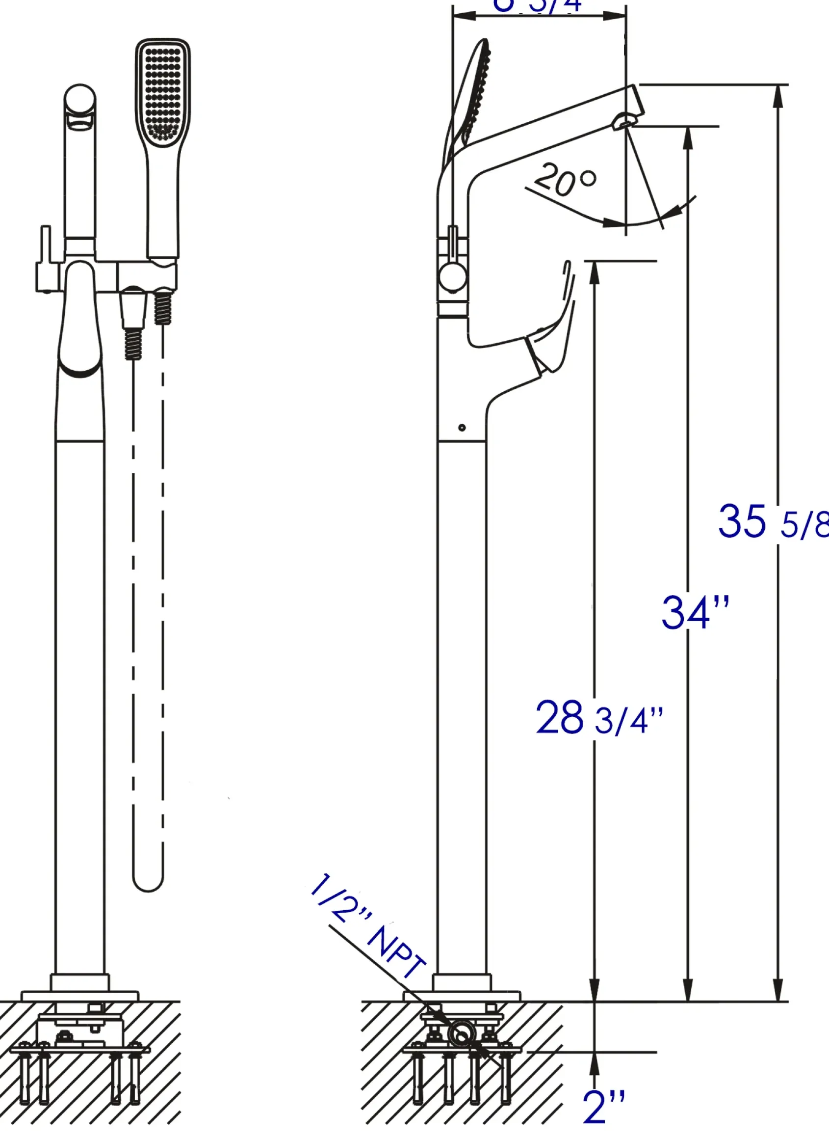 ALFI brand Brass, AB2758-PC Polished Chrome Floor Mounted Tub Filler + Mixer /w additional Hand Held Shower Head