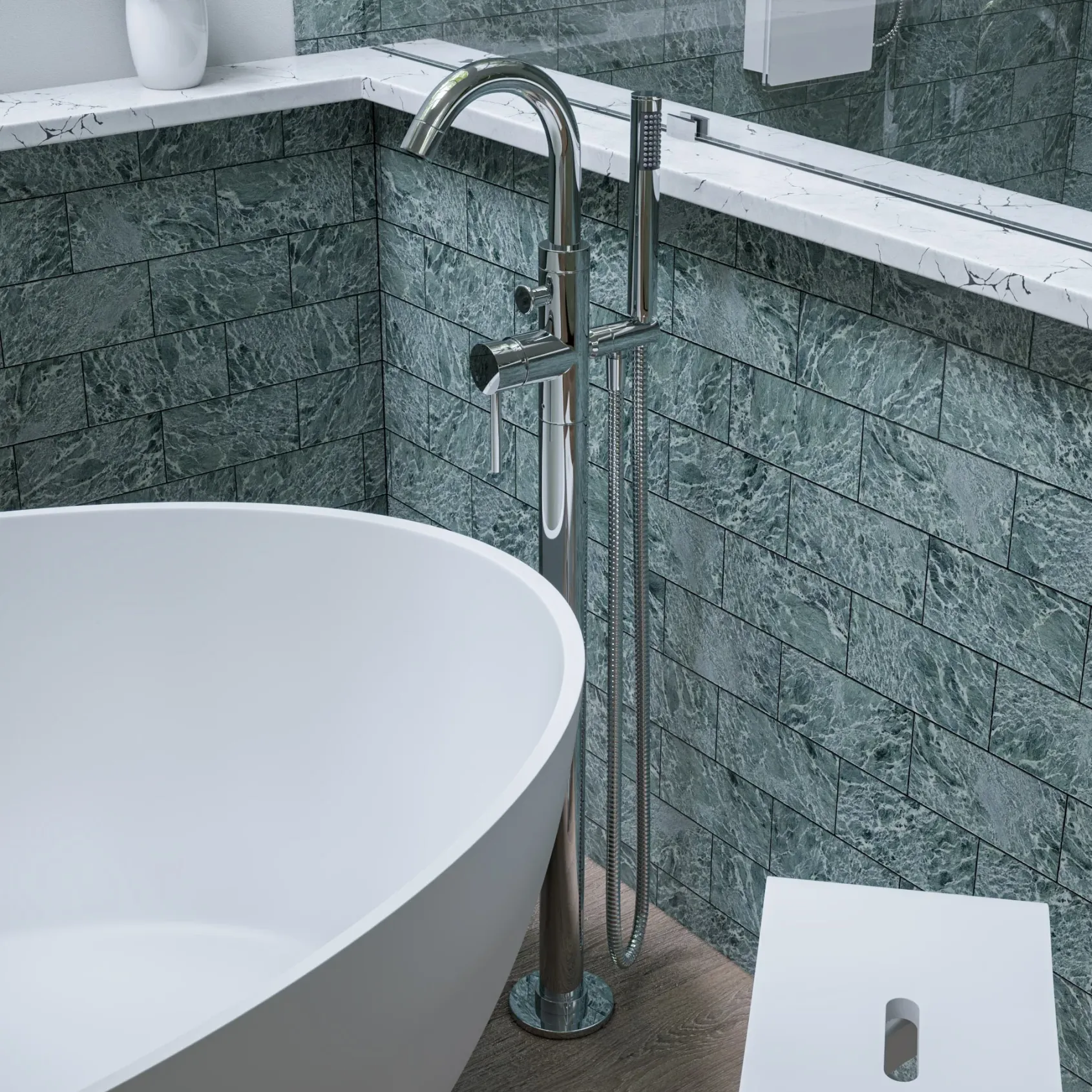 ALFI brand Brass, AB2534-PC Polished Chrome Single Lever Floor Mounted Tub Filler Mixer w Hand Held Shower Head