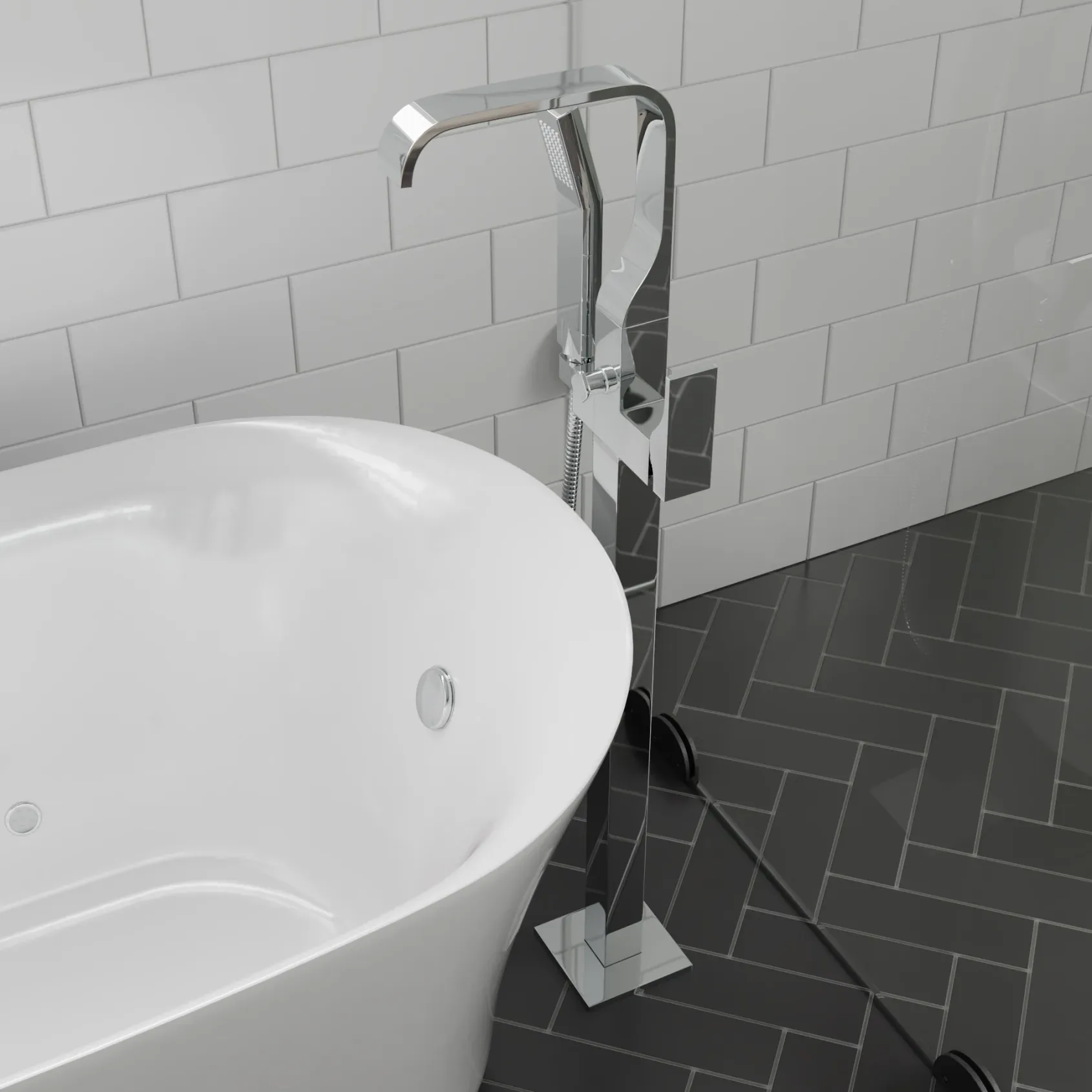 ALFI brand Brass, AB2180-PC Polished Chrome Single Lever Floor Mounted Tub Filler Mixer w Hand Held Shower Head
