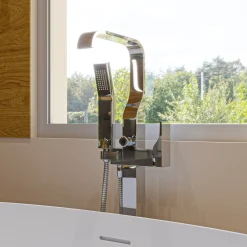 ALFI brand Brass, AB2180-PC Polished Chrome Single Lever Floor Mounted Tub Filler Mixer w Hand Held Shower Head
