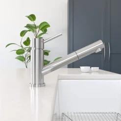 ALFI Solid Brushed Stainless Steel Pull Out Single Hole Kitchen Faucet, AB2025-BSS