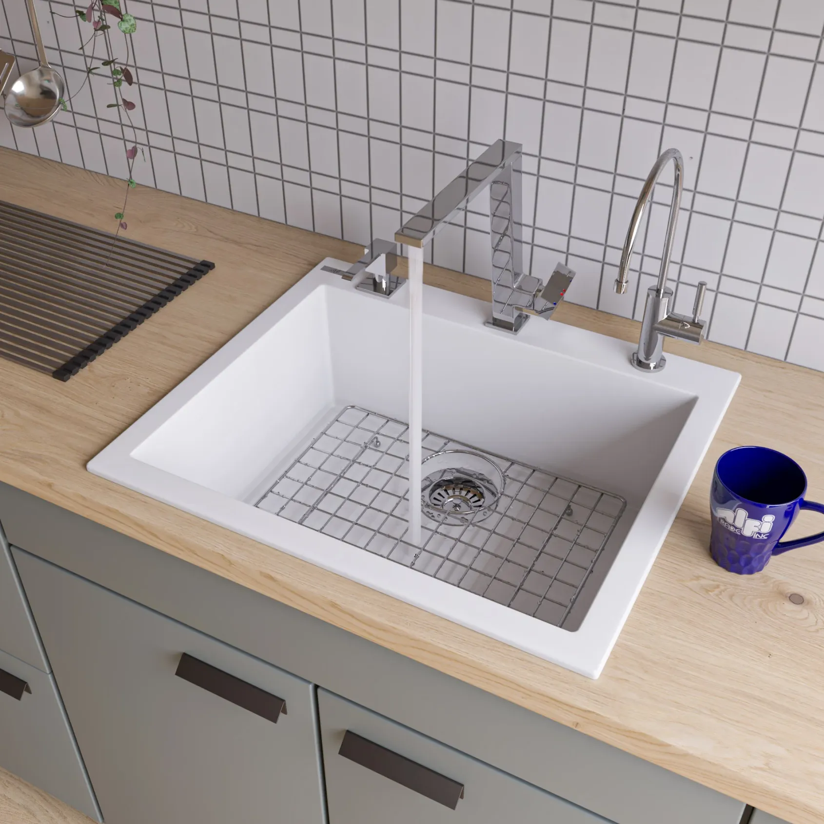ALFI White 24" Drop-In Single Bowl Granite Composite Kitchen Sink, AB2420DI-W