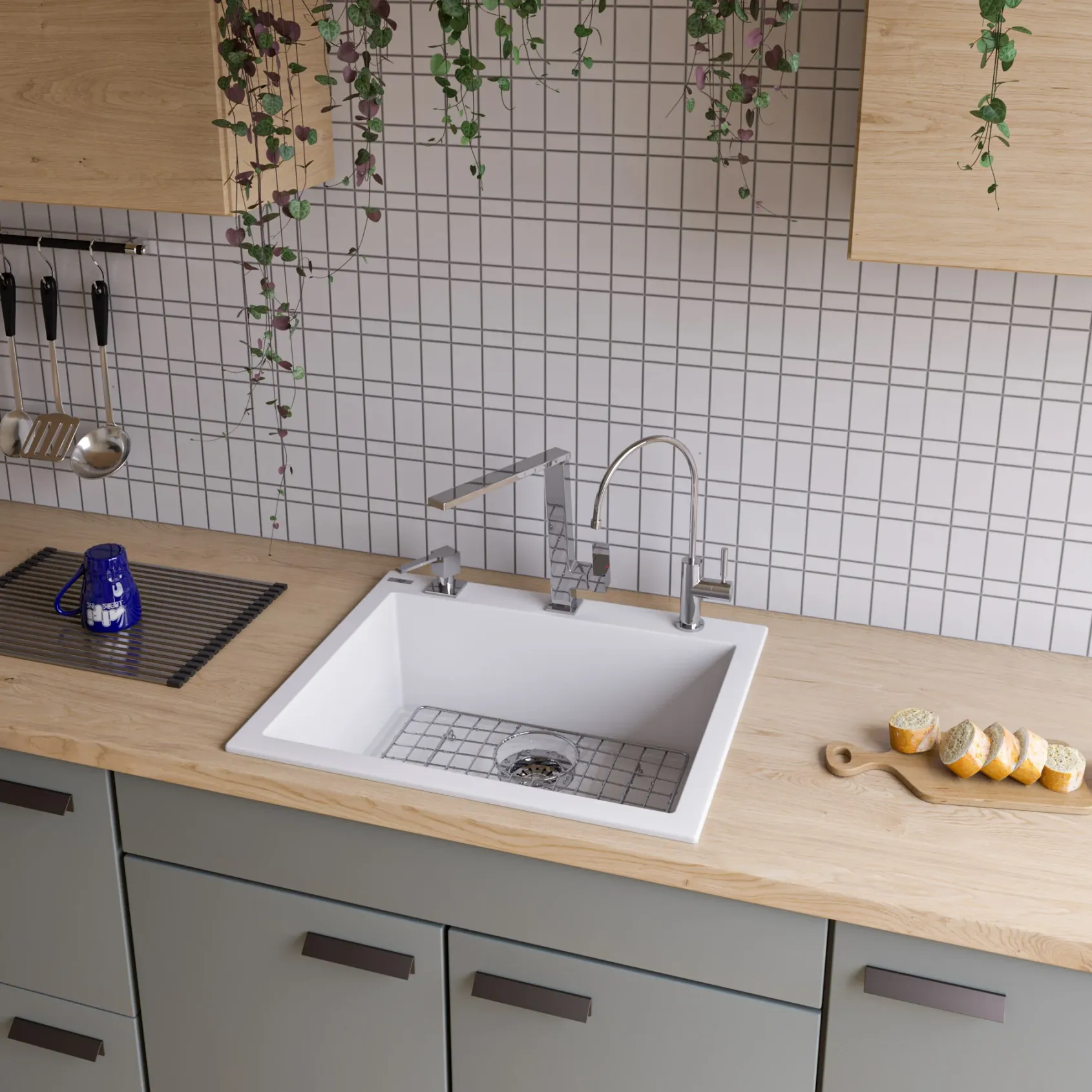 ALFI White 24" Drop-In Single Bowl Granite Composite Kitchen Sink, AB2420DI-W