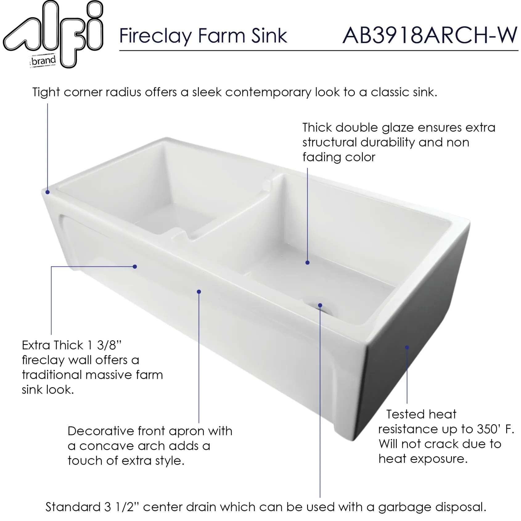 ALFI 39" Arched Double Bowl Thick Wall Fireclay Farmhouse Sink, White, AB3918ARCH-W