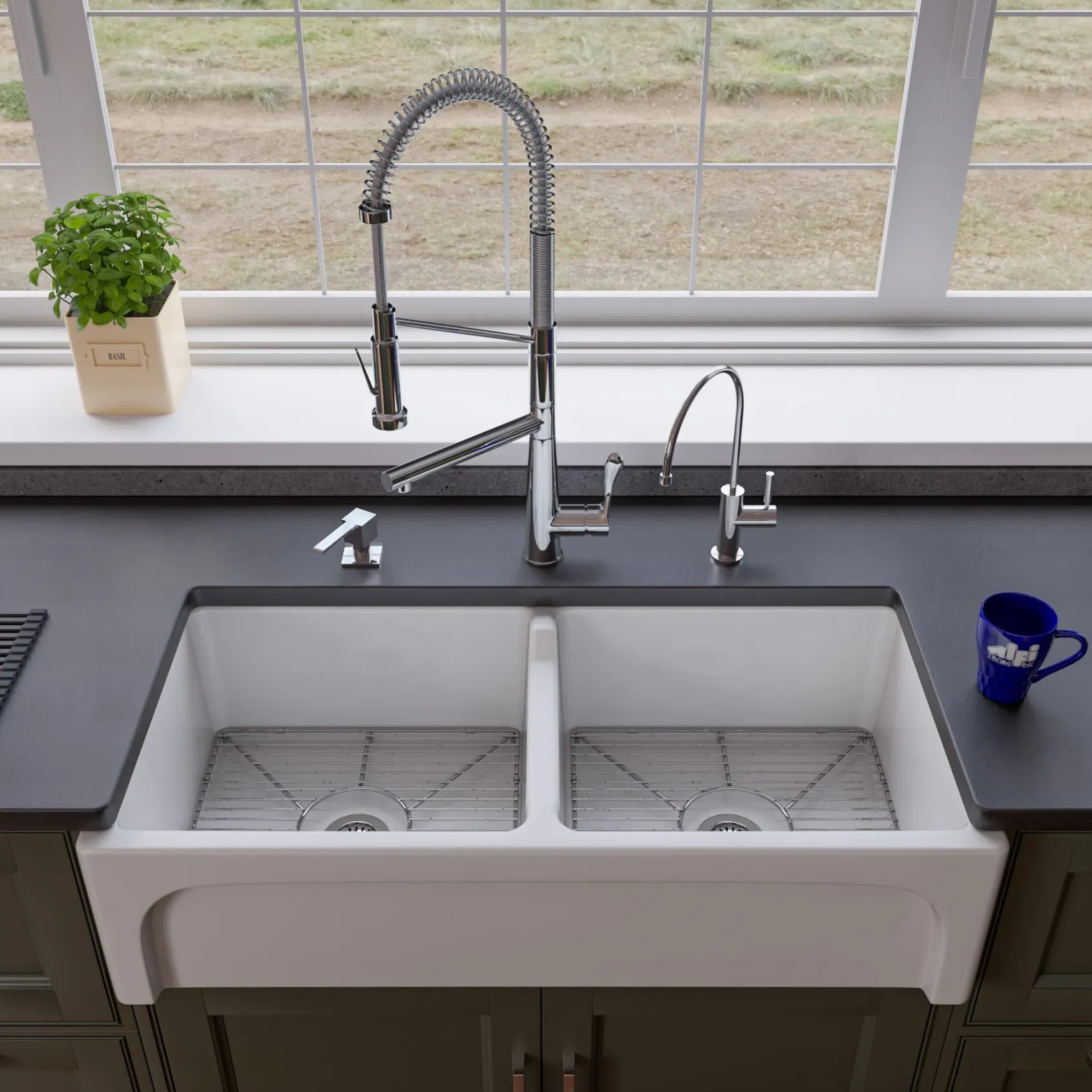 ALFI 39" Arched Double Bowl Thick Wall Fireclay Farmhouse Sink, White, AB3918ARCH-W